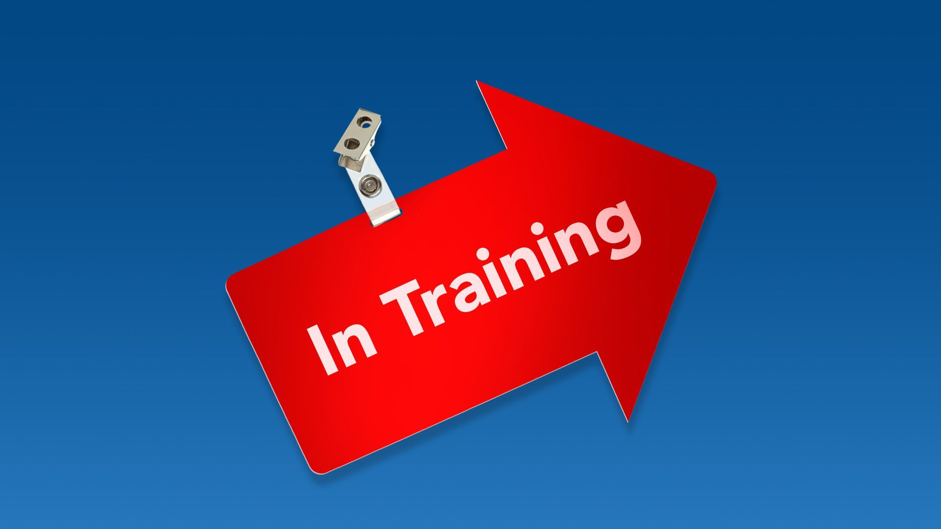 Illustration of an upward arrow shaped clip on name tag that says in training