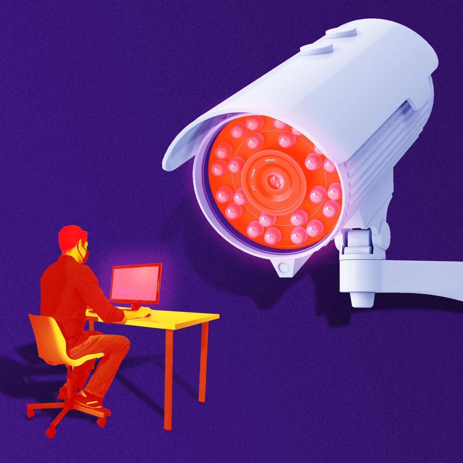 Illustration of a person sitting at a computer desk with a giant infrared camera taking their temperature 