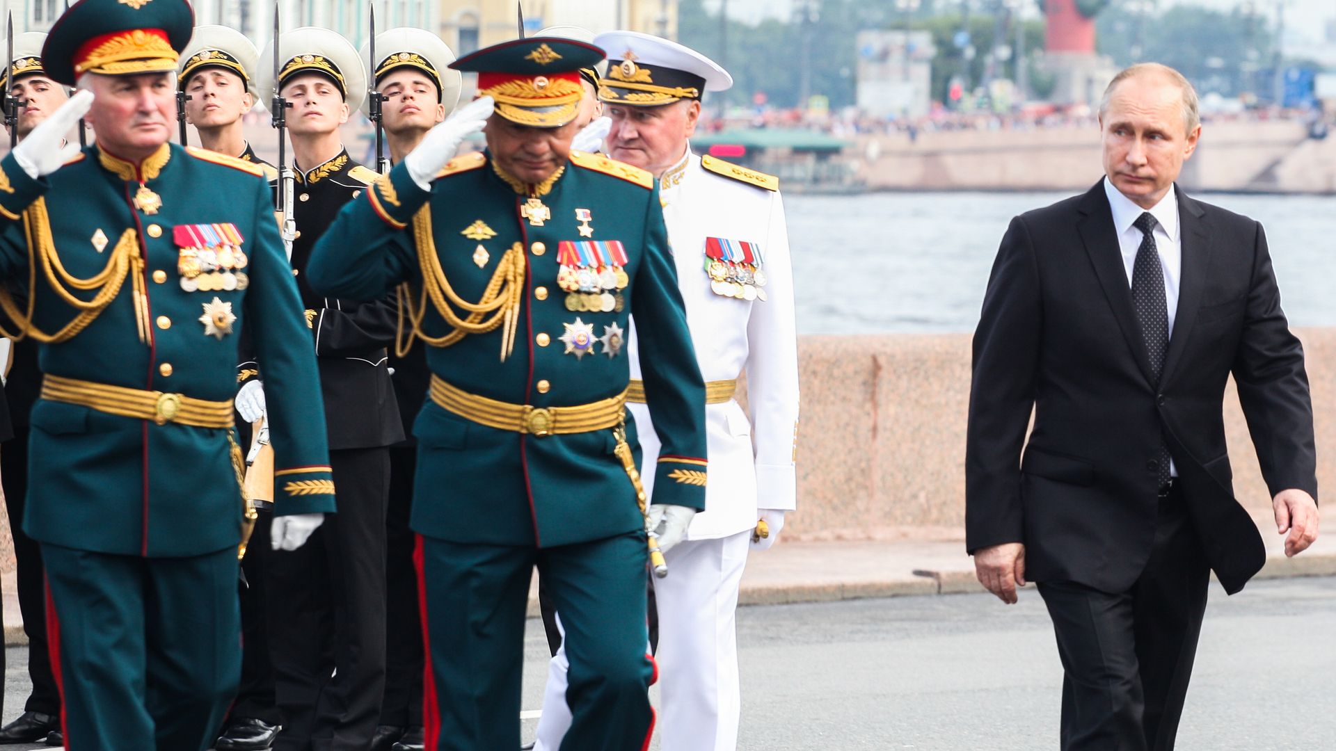 Russian President Vladimir Putin attends parade on Russia's Navy Day the Main Naval Parade to mark Russian Navy Day in St. Petersburg, Russia, on 30 July 2017. 