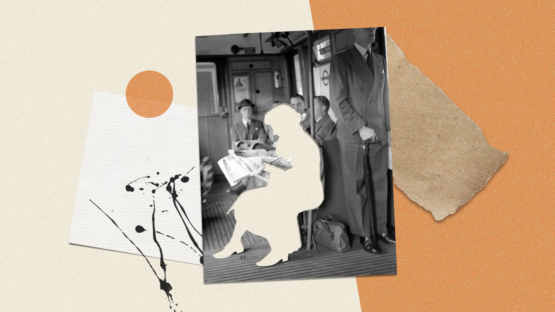 Photo illustration of a lone woman on the train with the woman in the photograph cut out. 