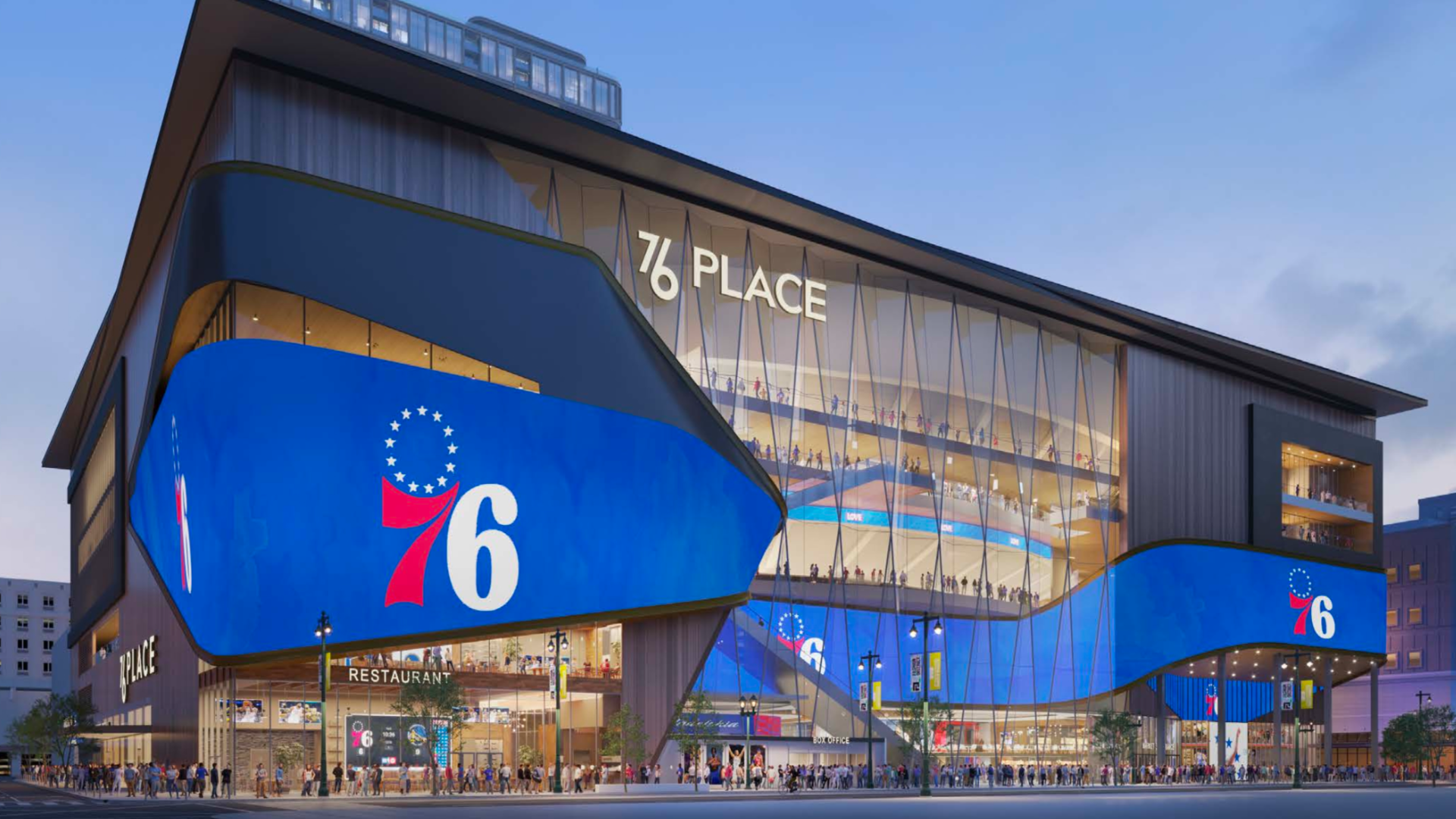 Rendering of the 76ers proposed downtown arena in Philadelphia.