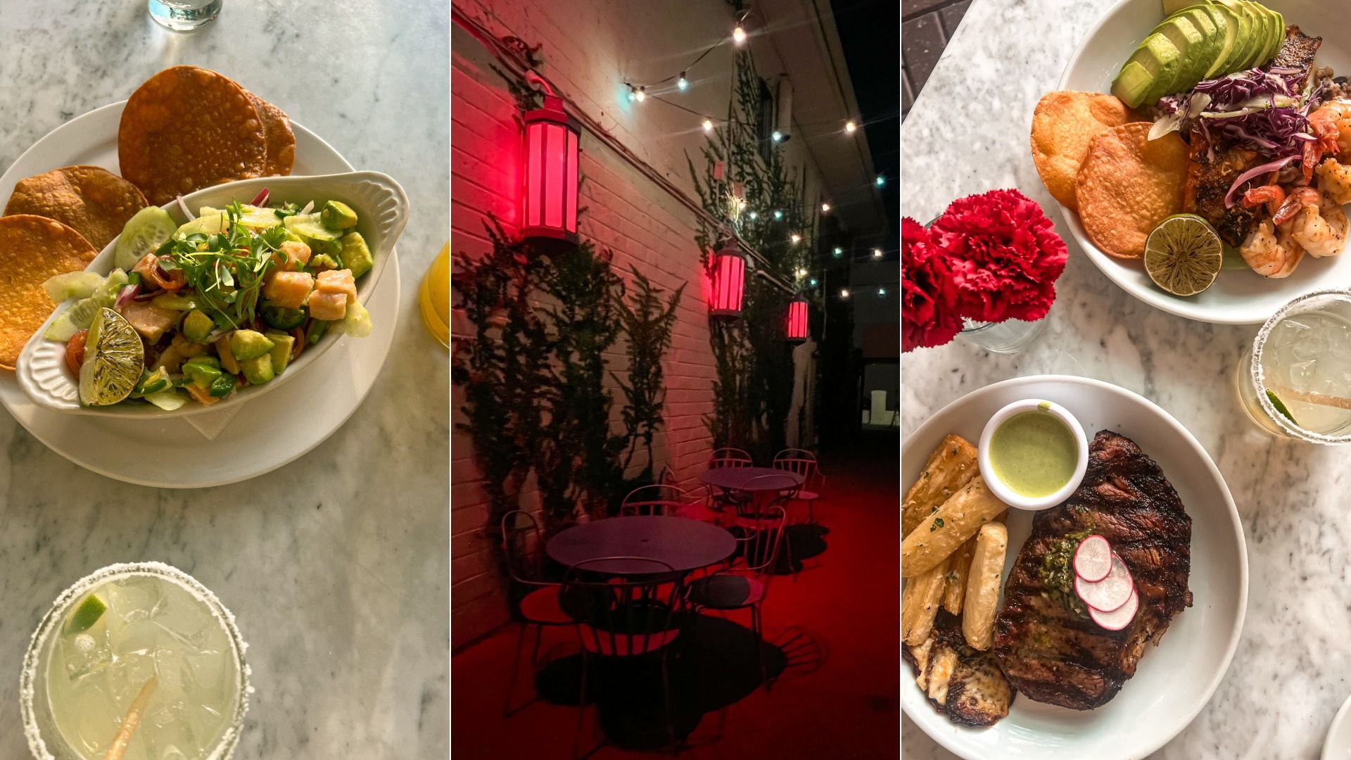 A three-image photo showing a ceviche, an entrance drenched in red light and two entrees. 