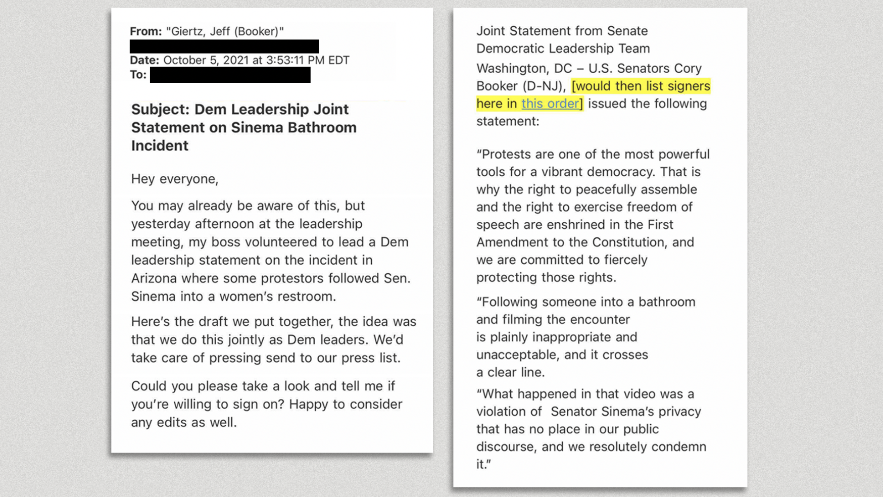 Screenshots of excerpts of an email exchange between Senate Democratic aides