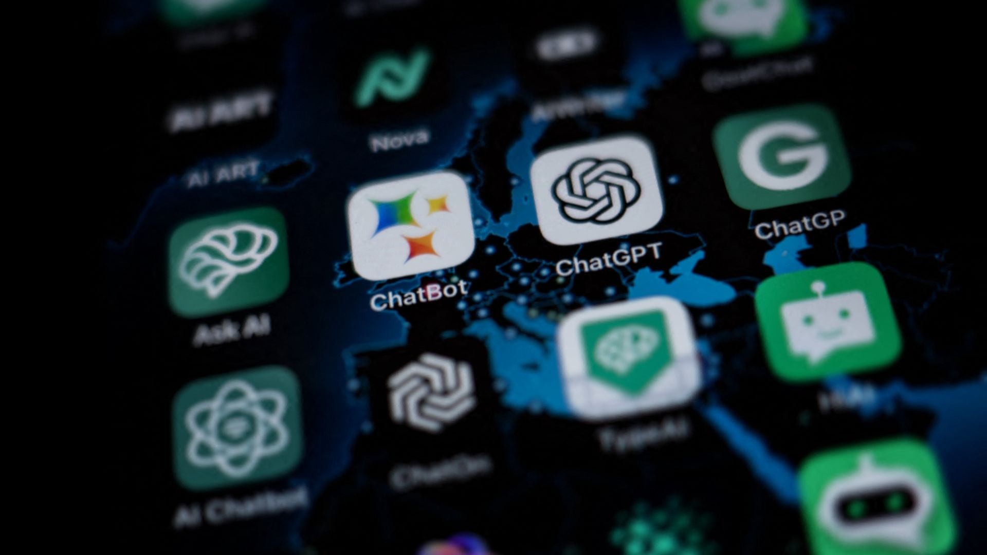 Photo of a phone screen showing a host of AI apps including ChatGPT and ChatBot