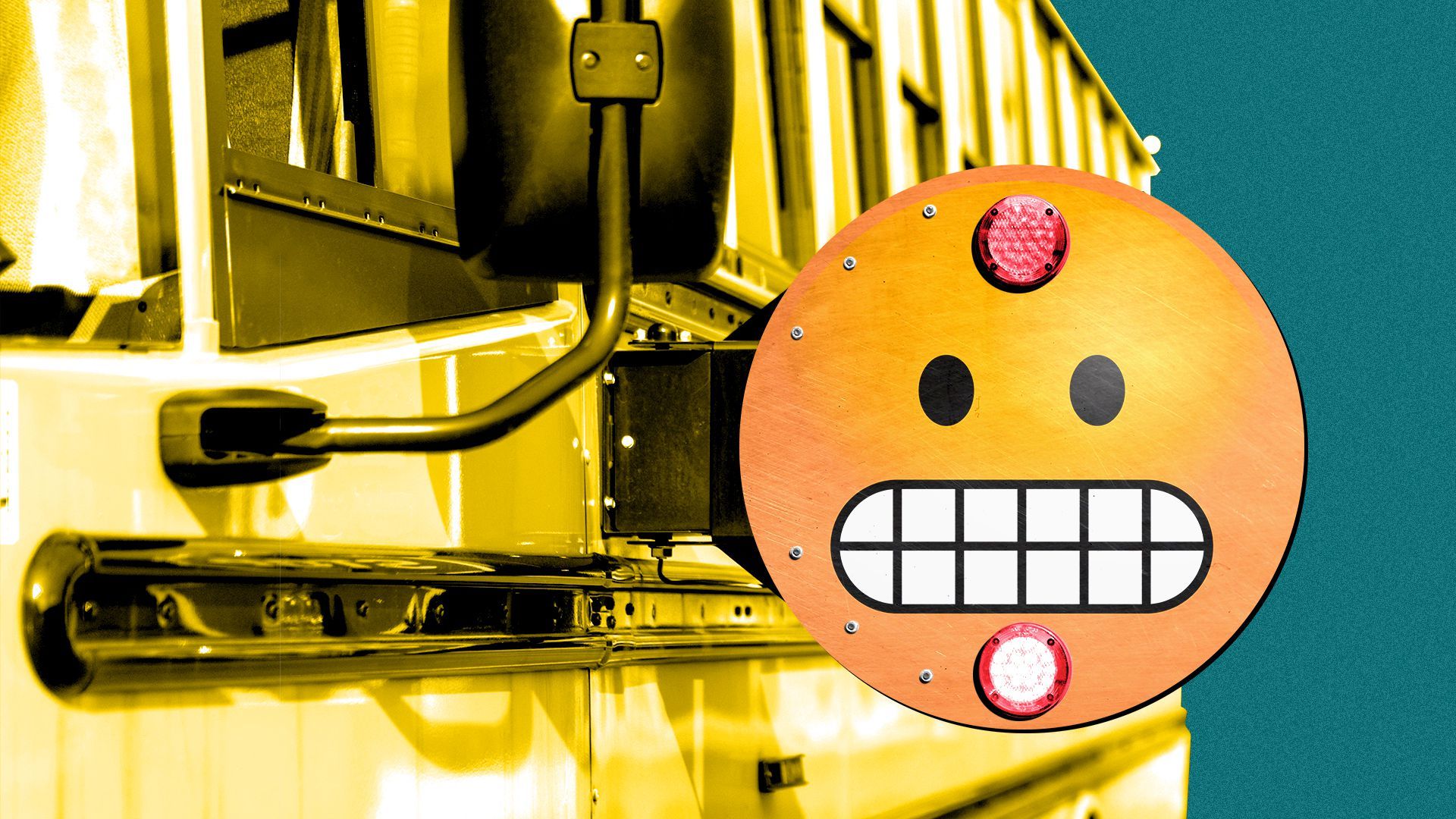 Illustration of a school bus with a grimacing emoji instead of a stop sign. 