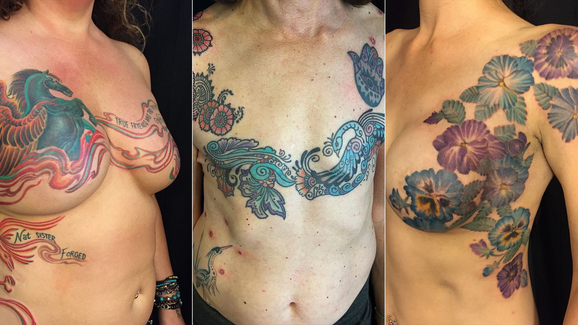 Three images showing colorful tattoos on women's chests: a blue pegasus with red flames, a blue and purple bird and swirl pattern, and blue and purple flowers covering the left chest and shoulder.