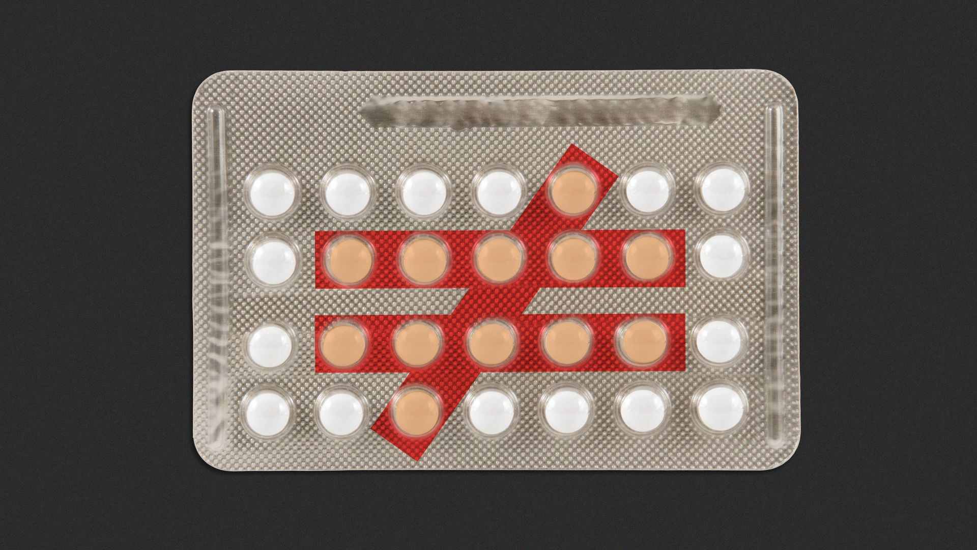 Illustration of contraceptive pills with an inequality sign overlaid on top. 