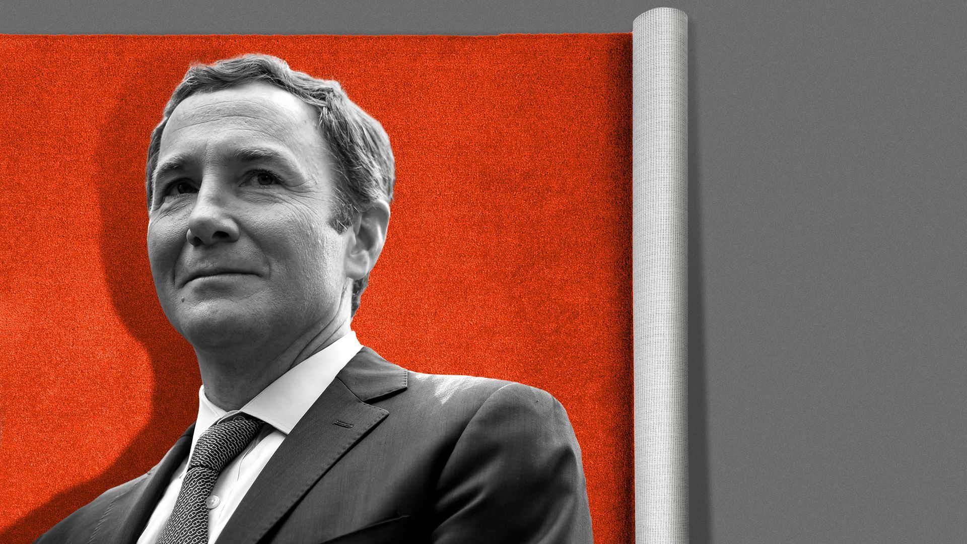 Photo illustration of John Foley in front of a rug