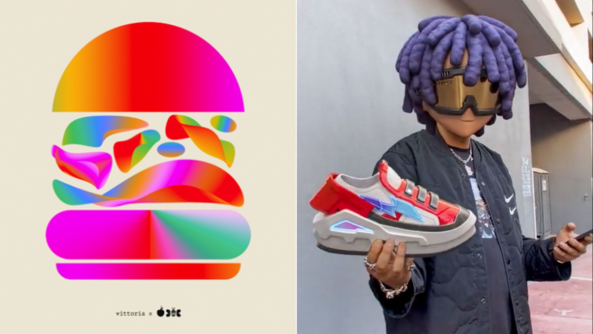 A graphic of a hamburger next to a person holding a shoe.