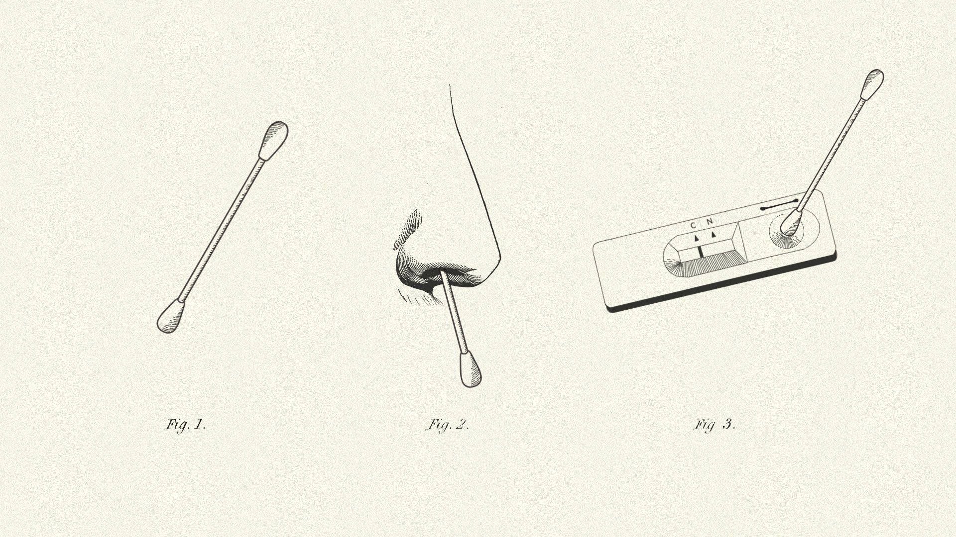 Illustration of three figures indicating how to use a rapid COVID test.