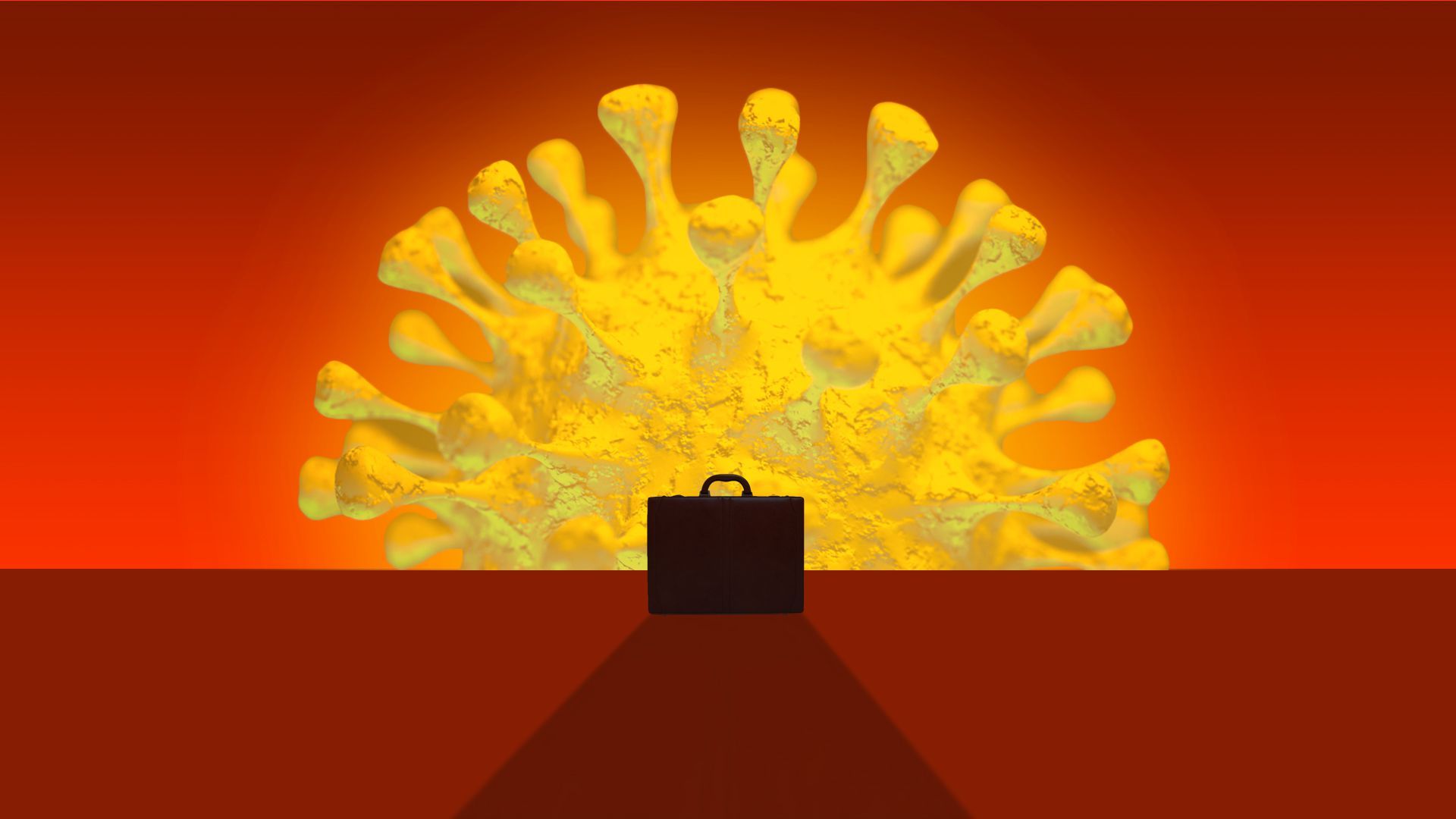 Illustration of a briefcase silhouetted in front of a covid-shaped sunset