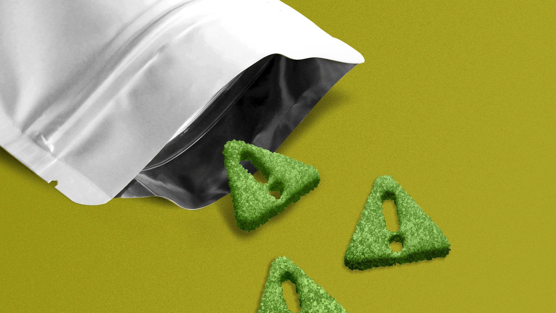 Illustration of a bag pouring out gummies in the shape of tiny caution signs.