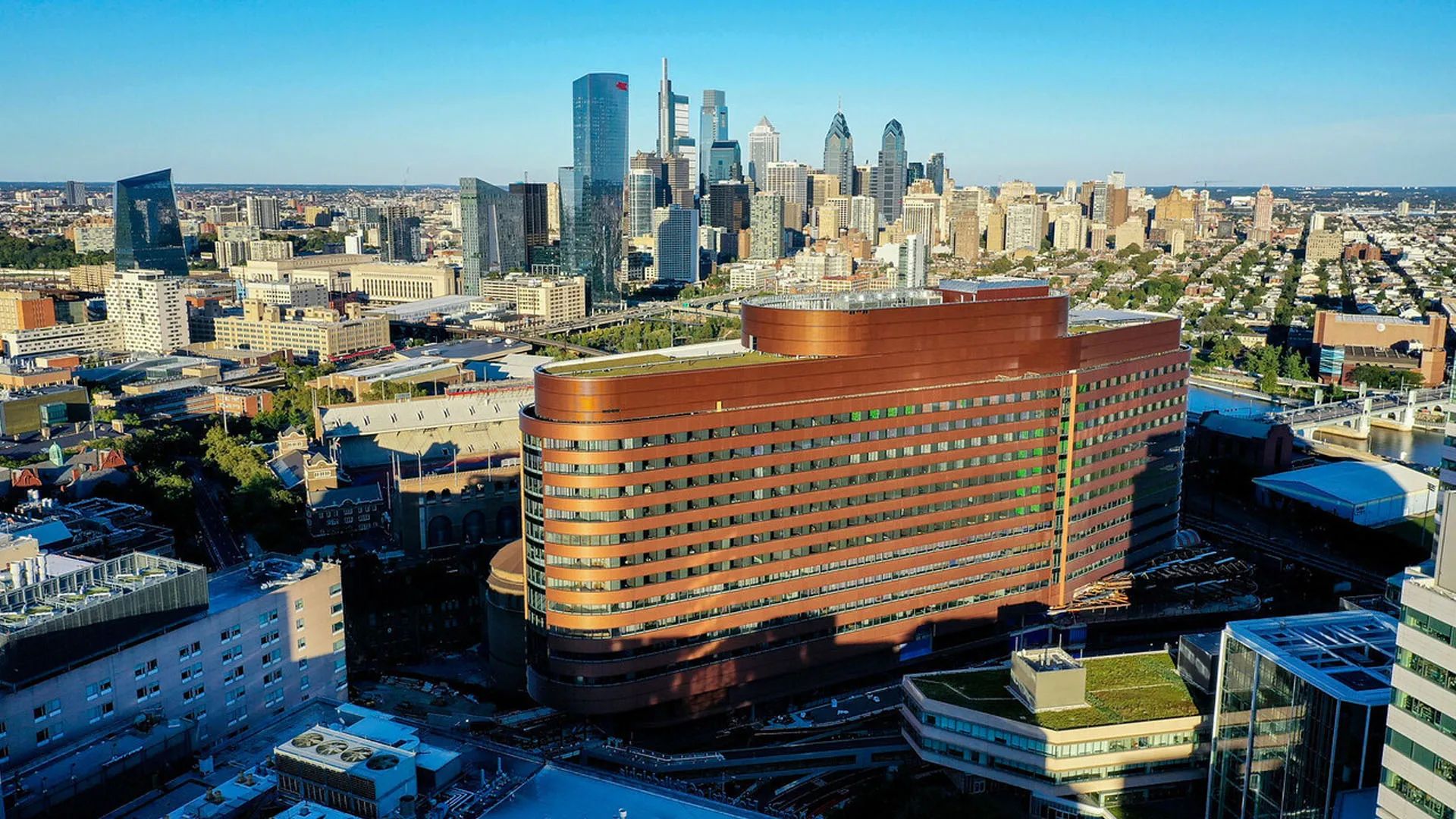 Aerial view of Penn Medicine's Pavilion with the city of Philadelphia in the background.  