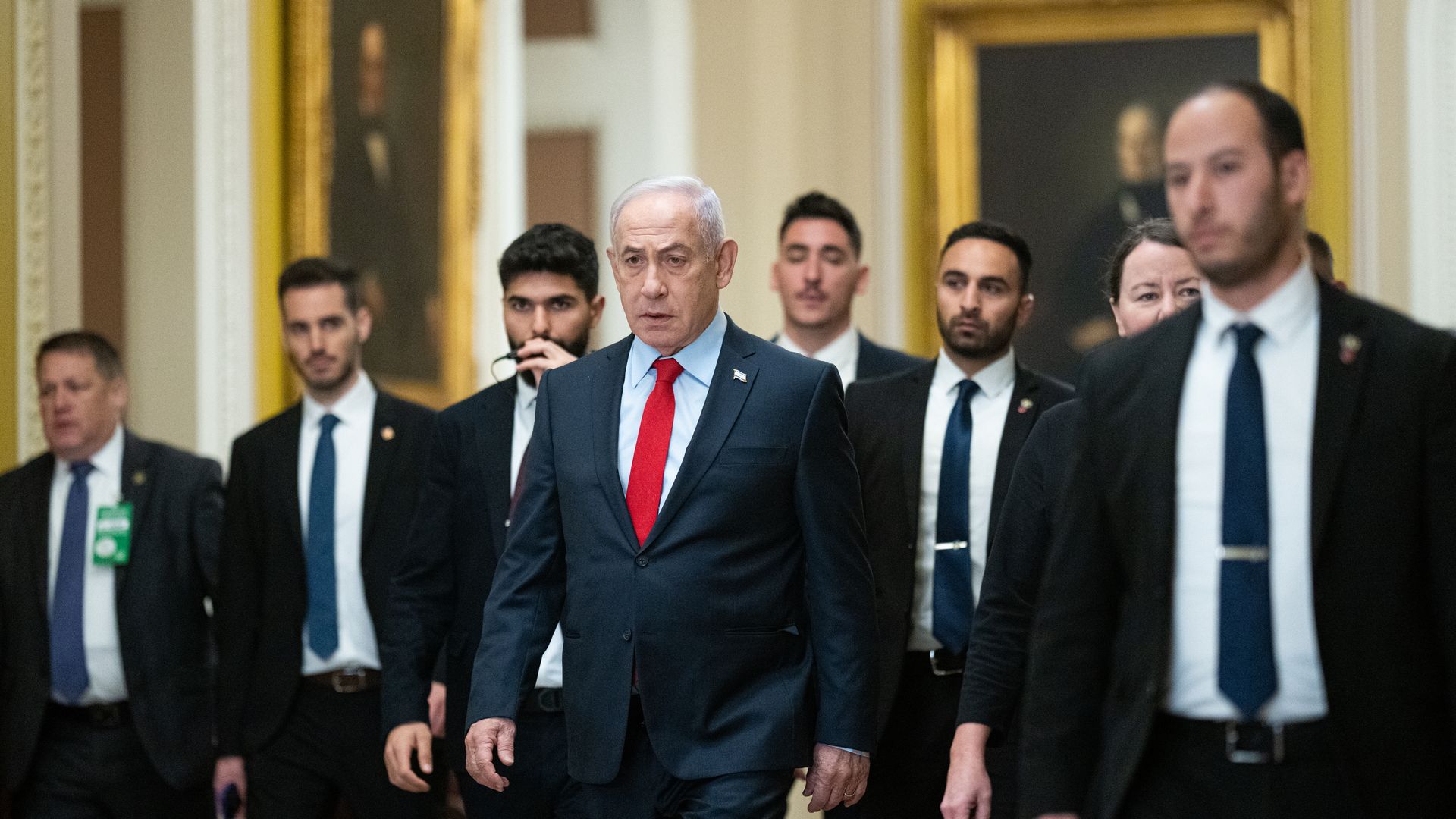 Israeli Prime Minister Benjamin Netanyahu arrives in the Capitol for his meeting with Senate Majority Leader John Thune, R-S. Dak., on Thursday morning, February 6, 2025.