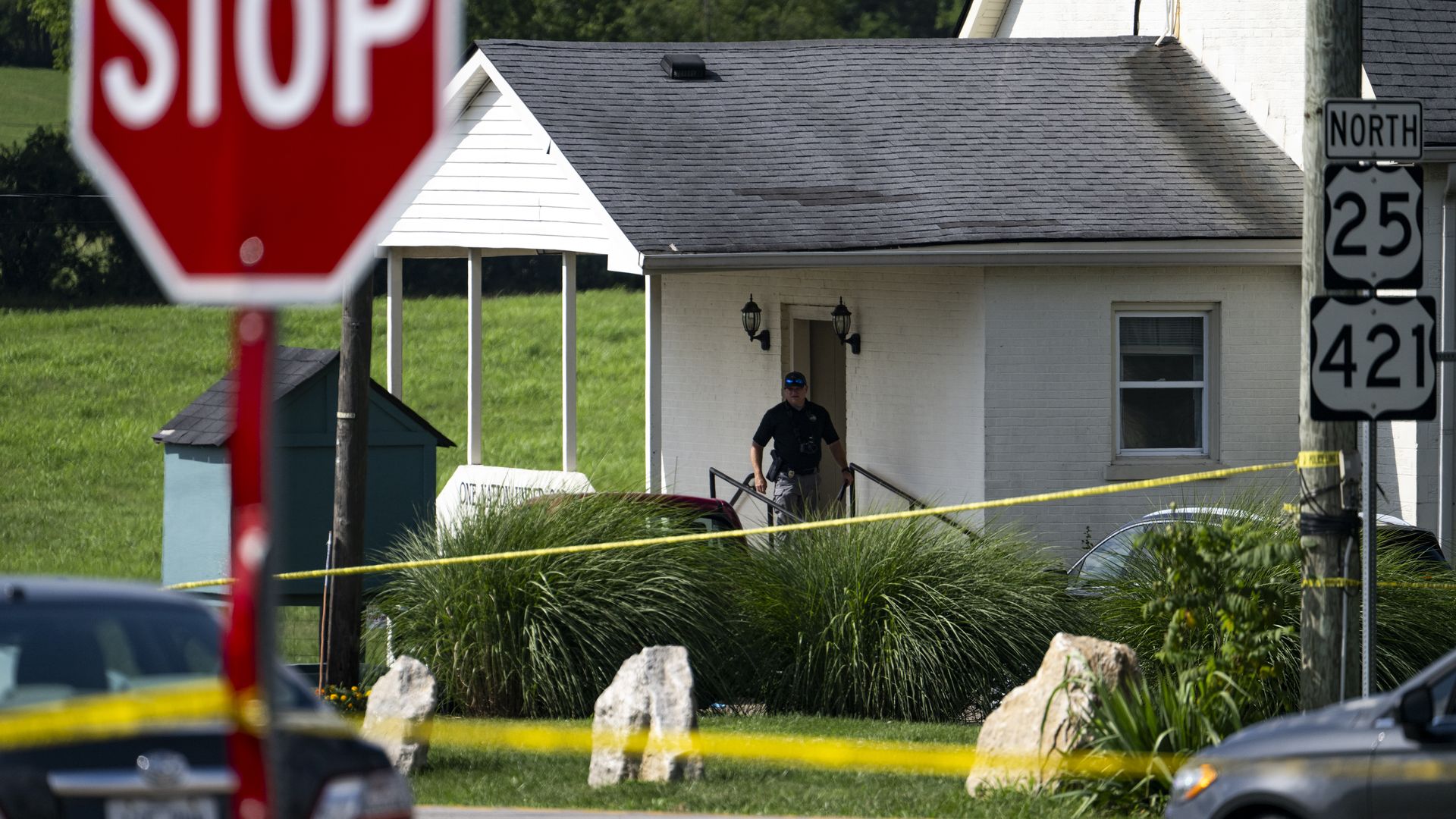 Police assess the scene after a shooting at Richmond Road Baptist Church on July 13, 2025 in Lexington, Kentucky. 