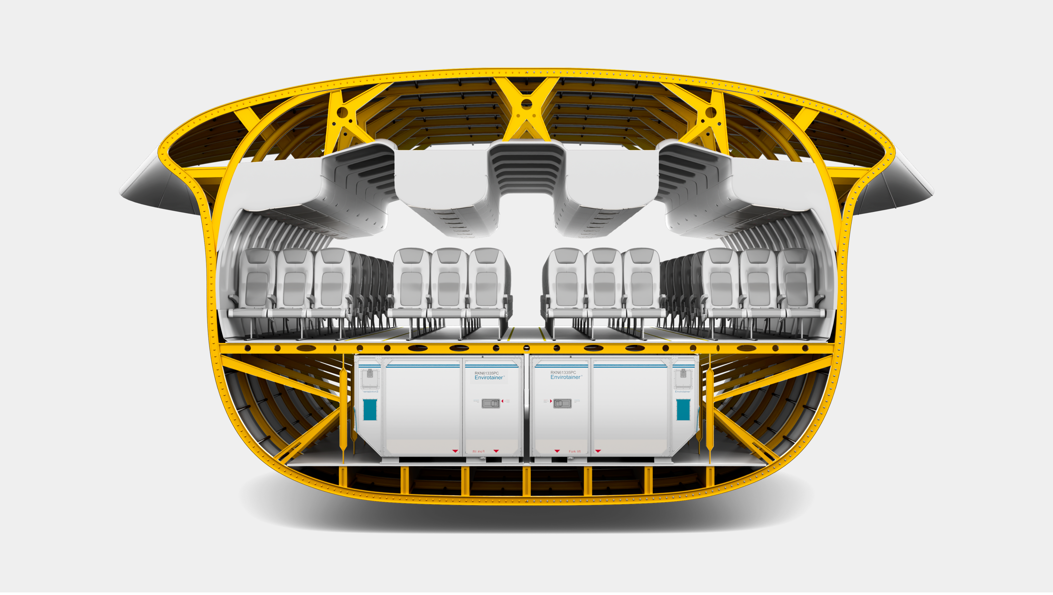 Cross-section cutaway of an airplane fuselage: bright yellow structural frame, rows of gray passenger seats in the cabin, and white equipment/utility units on the lower deck.