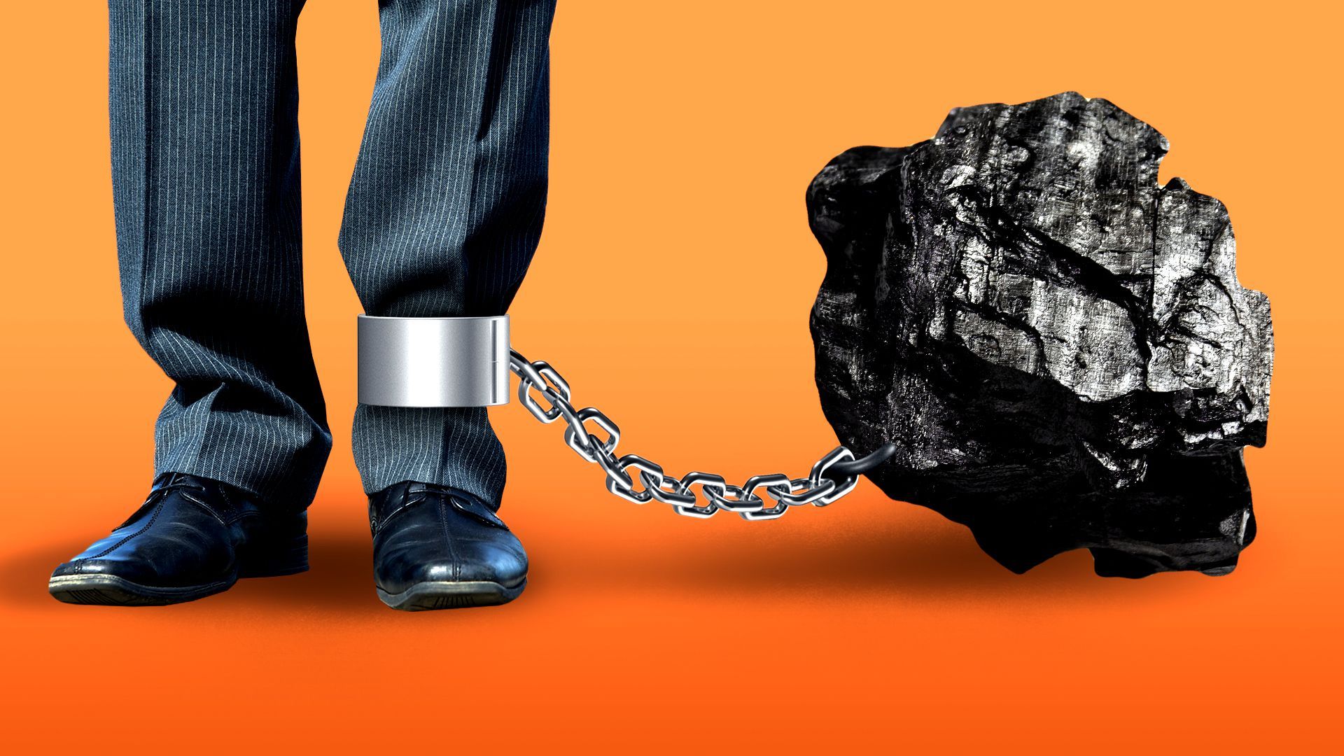 Illustration of a business person's feet shackled to a large piece of coal