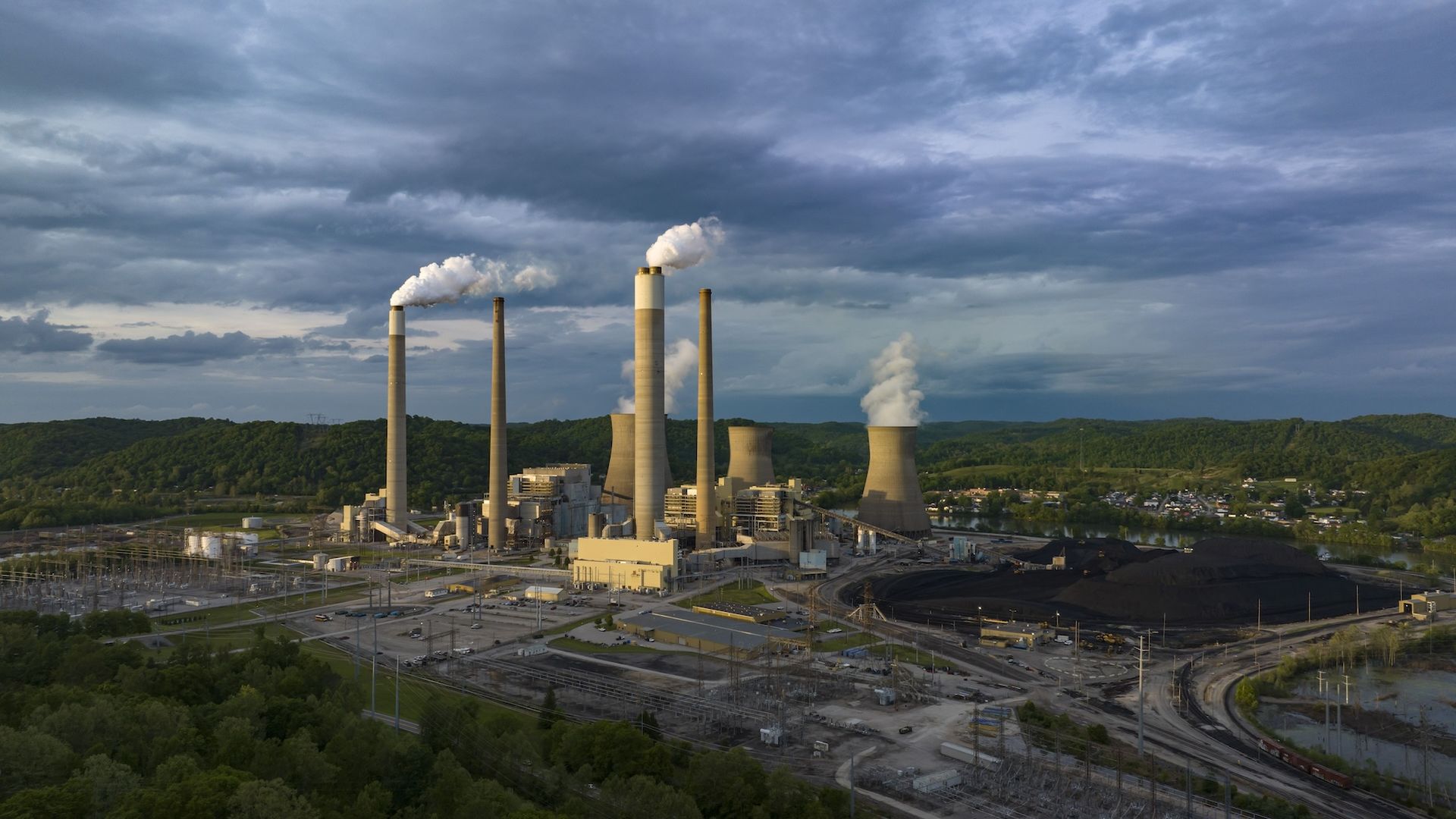 Smokestacks and cooling towers at a West Virginia coal-fired power plant