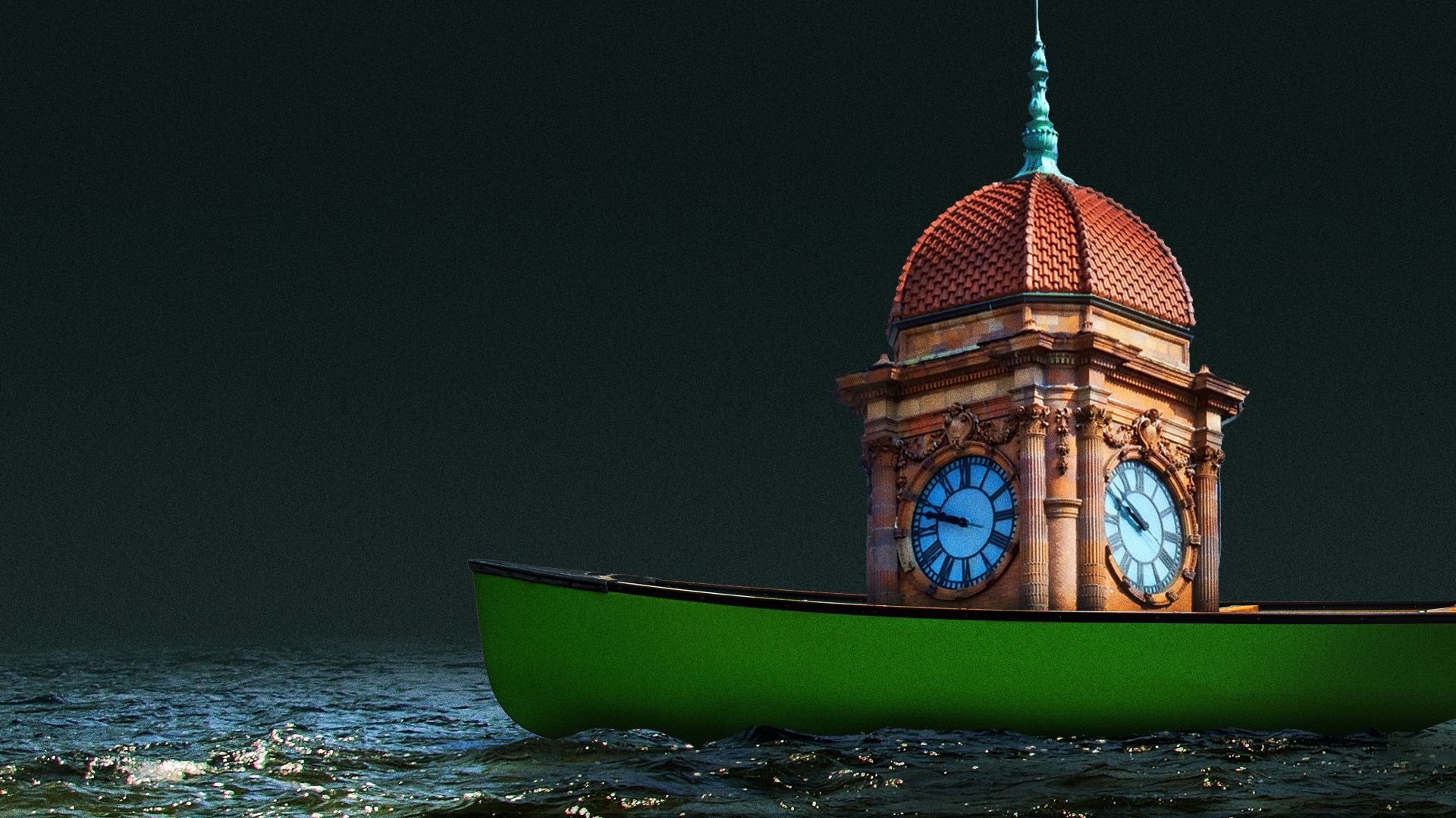 The Main Street Station Clock Tower canoeing down a river. 