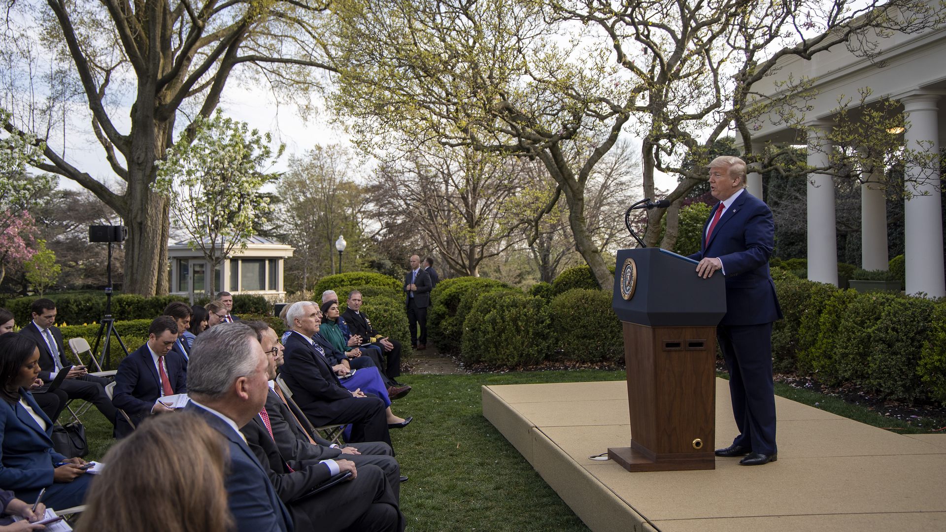 President Trump gives a press briefing in the Rose Garden.
