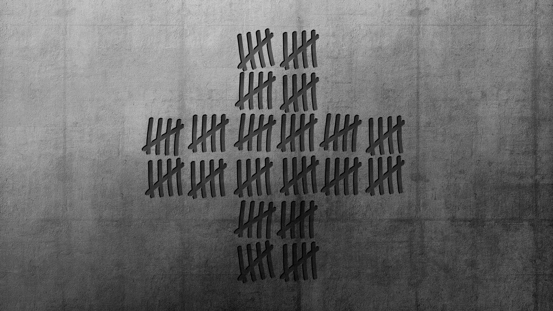 Illustration of prison-style tallies in the shape of a health plus.