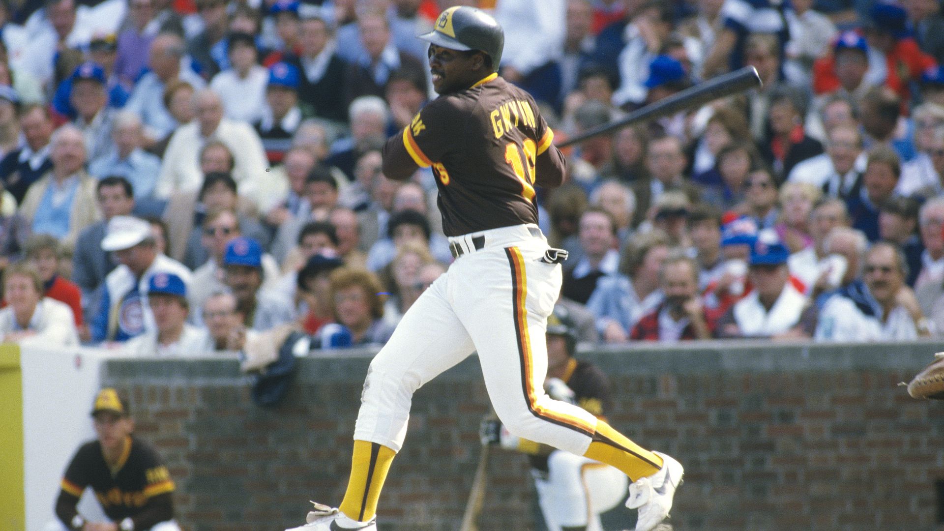 San Diego Padres player Tony Gwynn batting against at Wrigley field with cubs fans in the background in 1984.