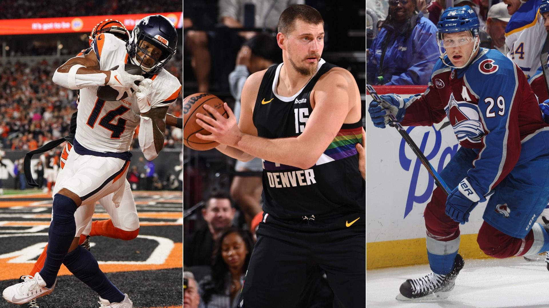 Three separate photos featuring an American football player, a basketball player, and a hockey player. 