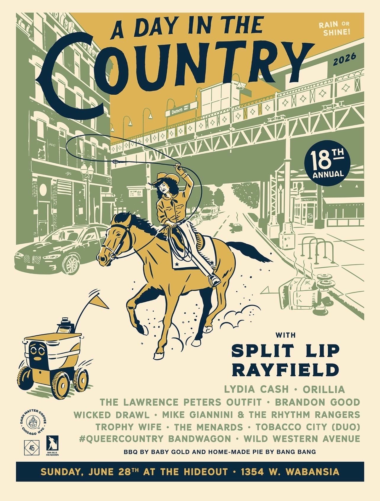Retro poster for "A Day in the Country" shows a cowboy on a galloping horse lassoing through a city street beneath a large navy COUNTRY title; mustard and olive colors, 2020, 18th annual lineup.