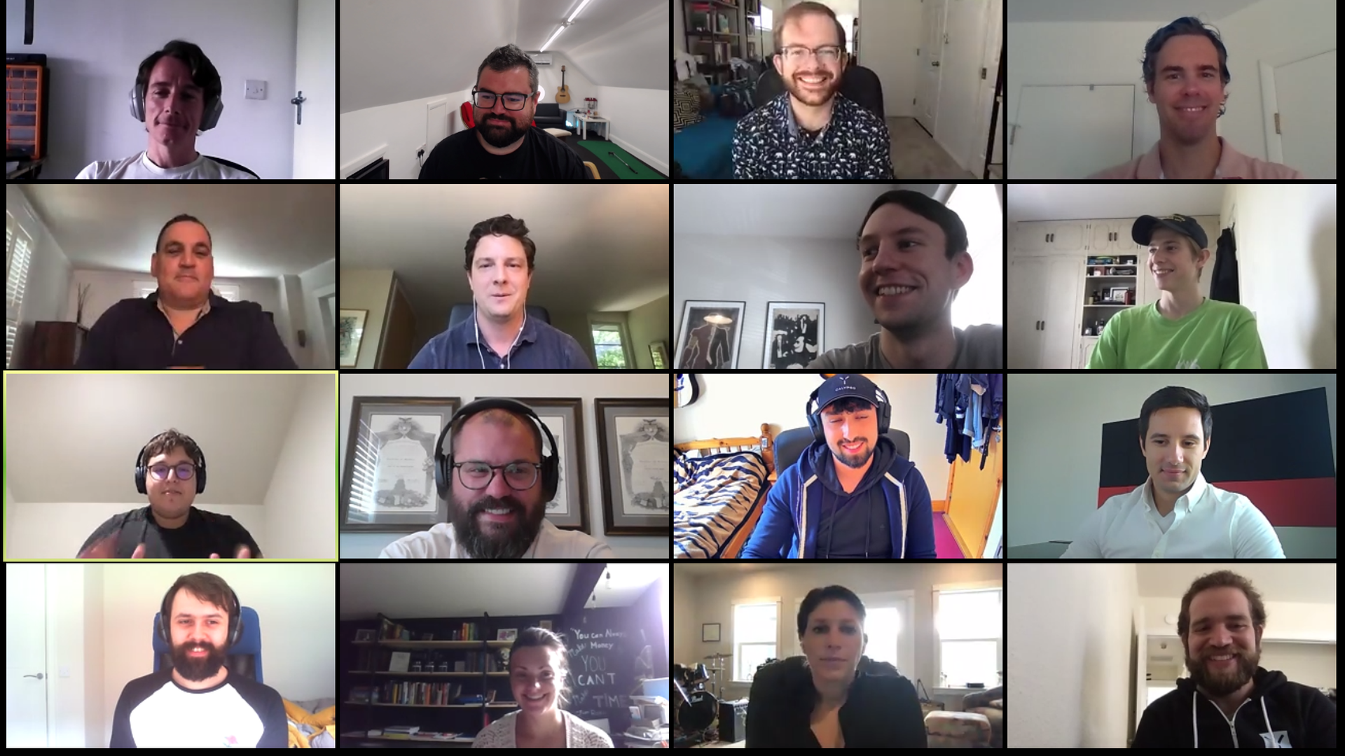 A screenshot of a Zoom call between roughly a dozen people, mostly white men.