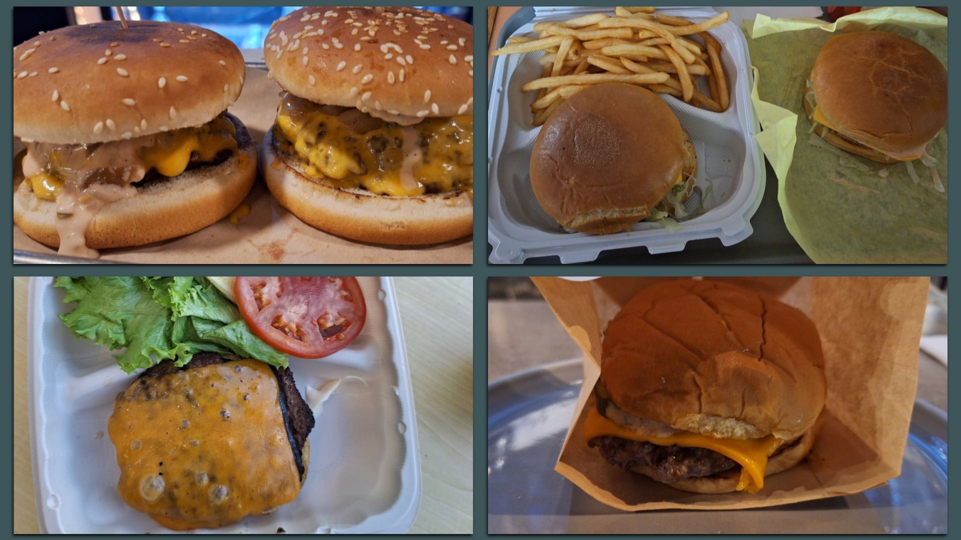 Four images of cheeseburgers: two with sesame buns and sauce, one with fries in a white container, one with extra lettuce and tomato, and one wrapped in paper on a metal tray.