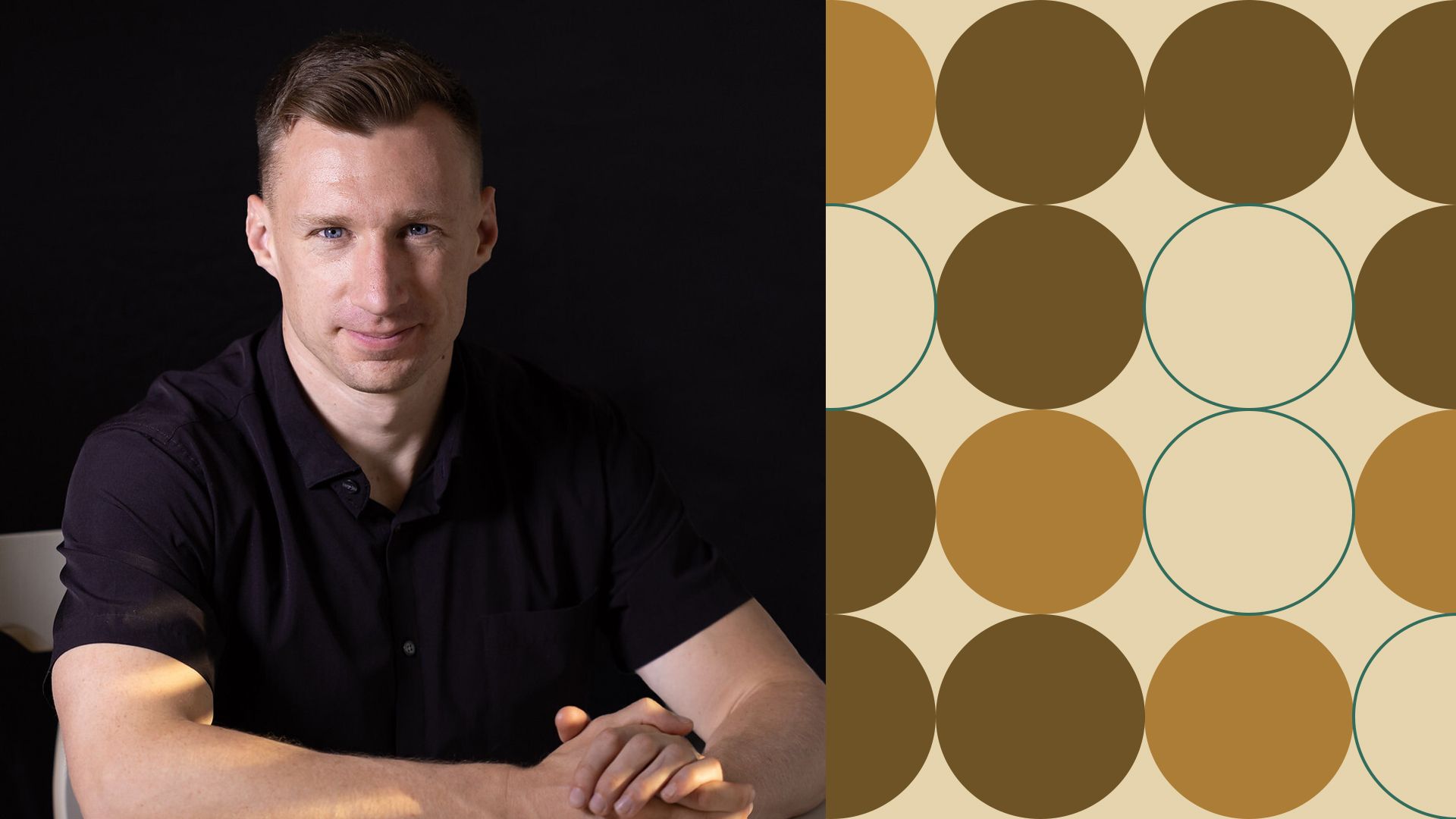 Photo illustration of Grant Demaree surrounded by abstract shapes. 