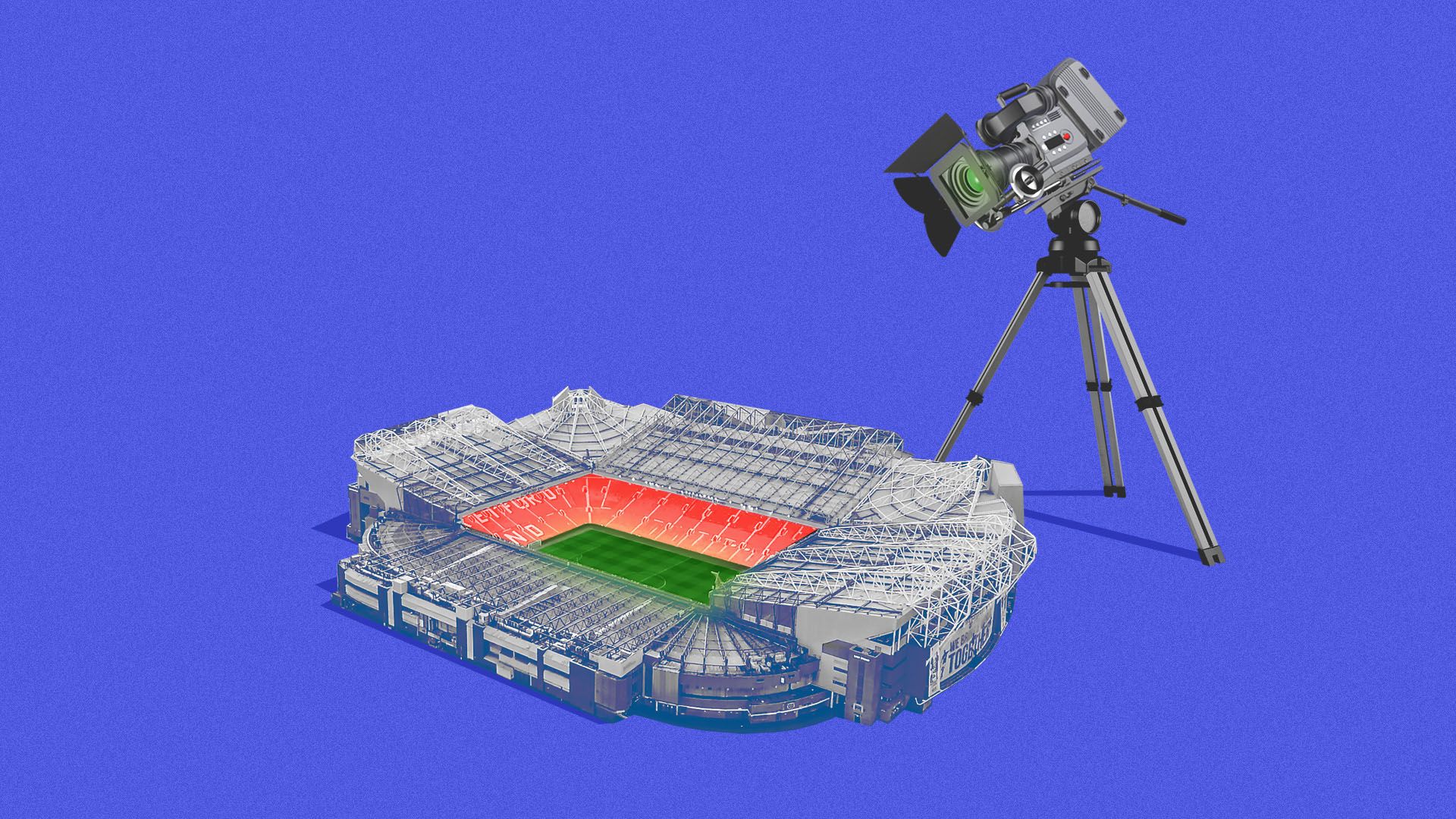 Illustration of a giant television camera over a sports stadium