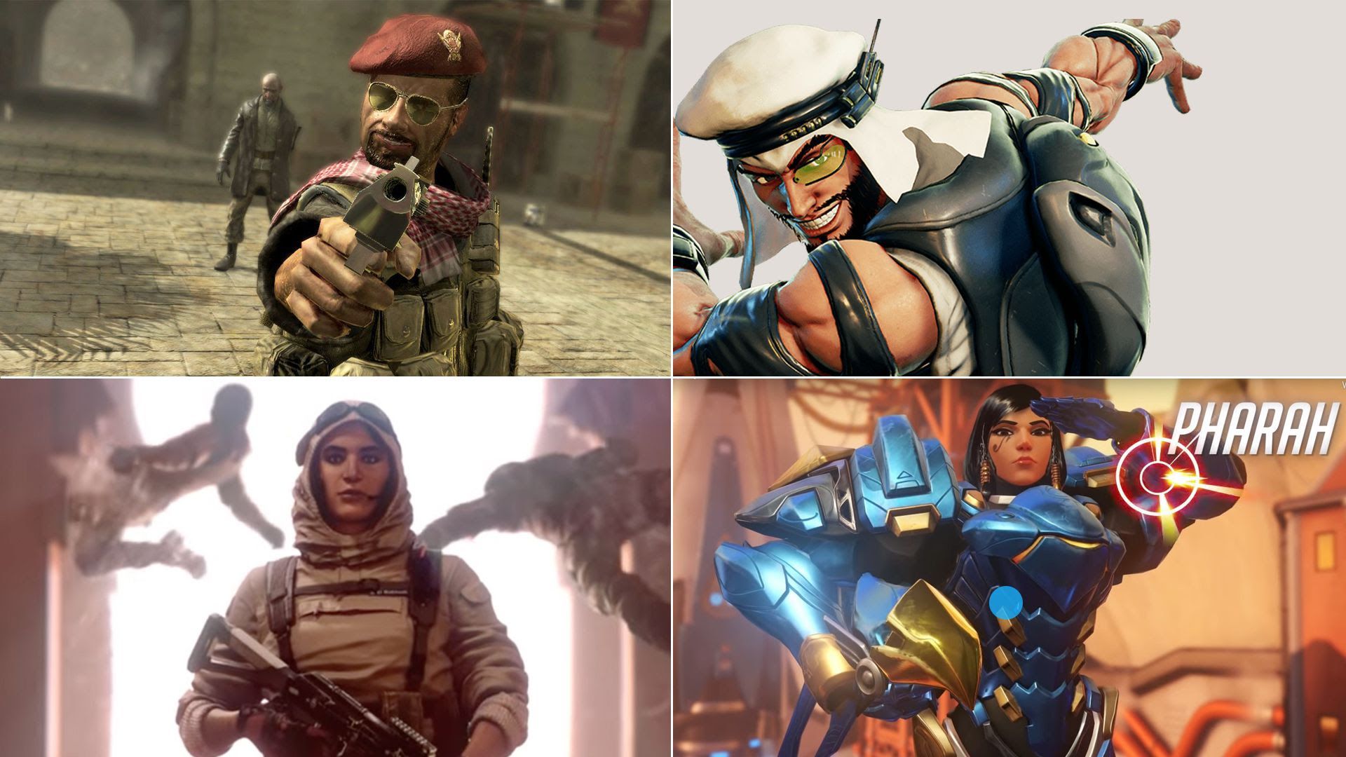 A compilation of 4 screeshots of video games with Arab characters