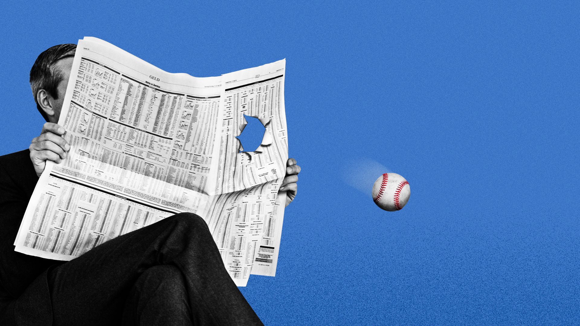 Illustration of a baseball being thrown through a newspaper. 