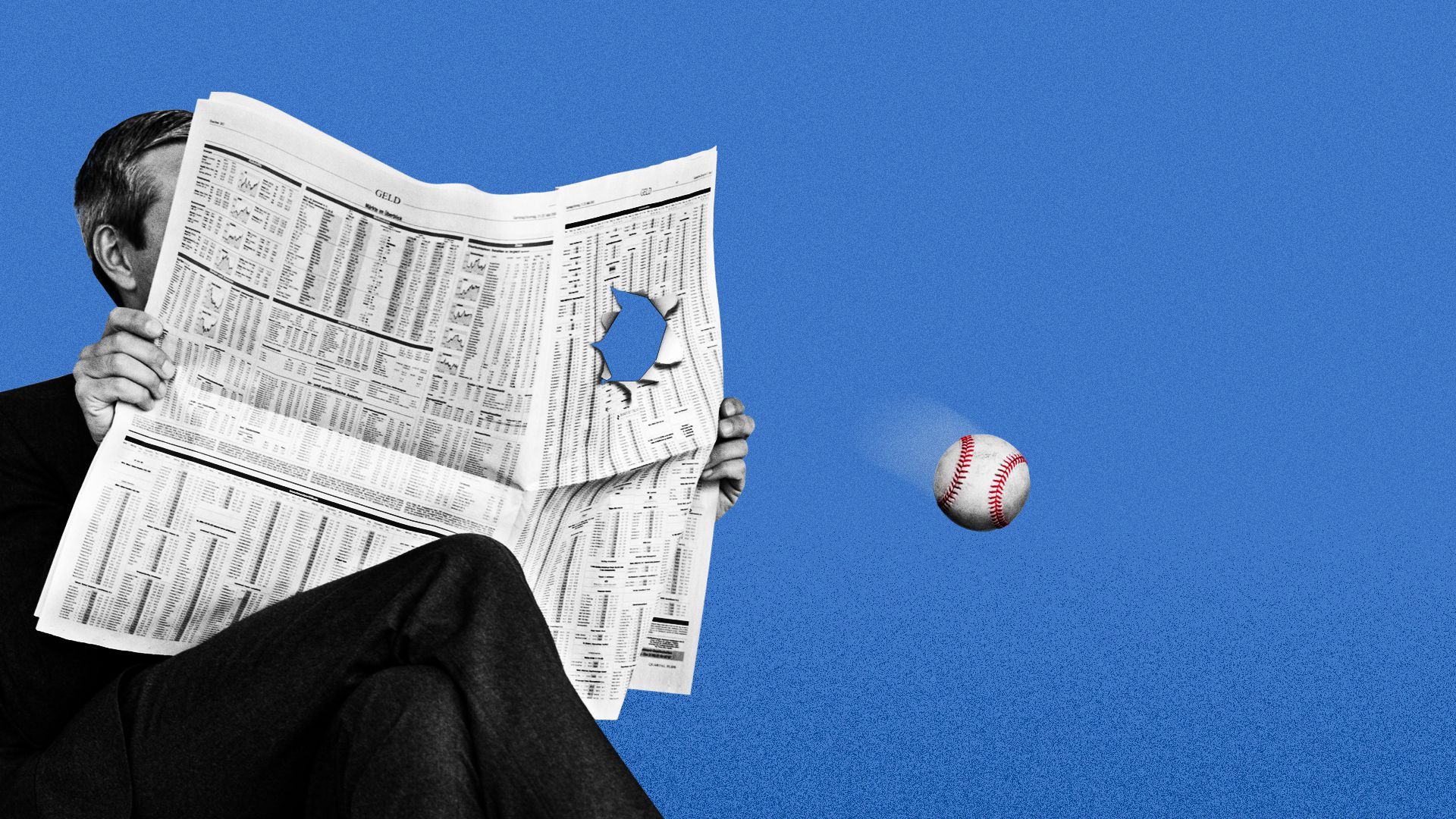 Illustration of a baseball being thrown through a newspaper.