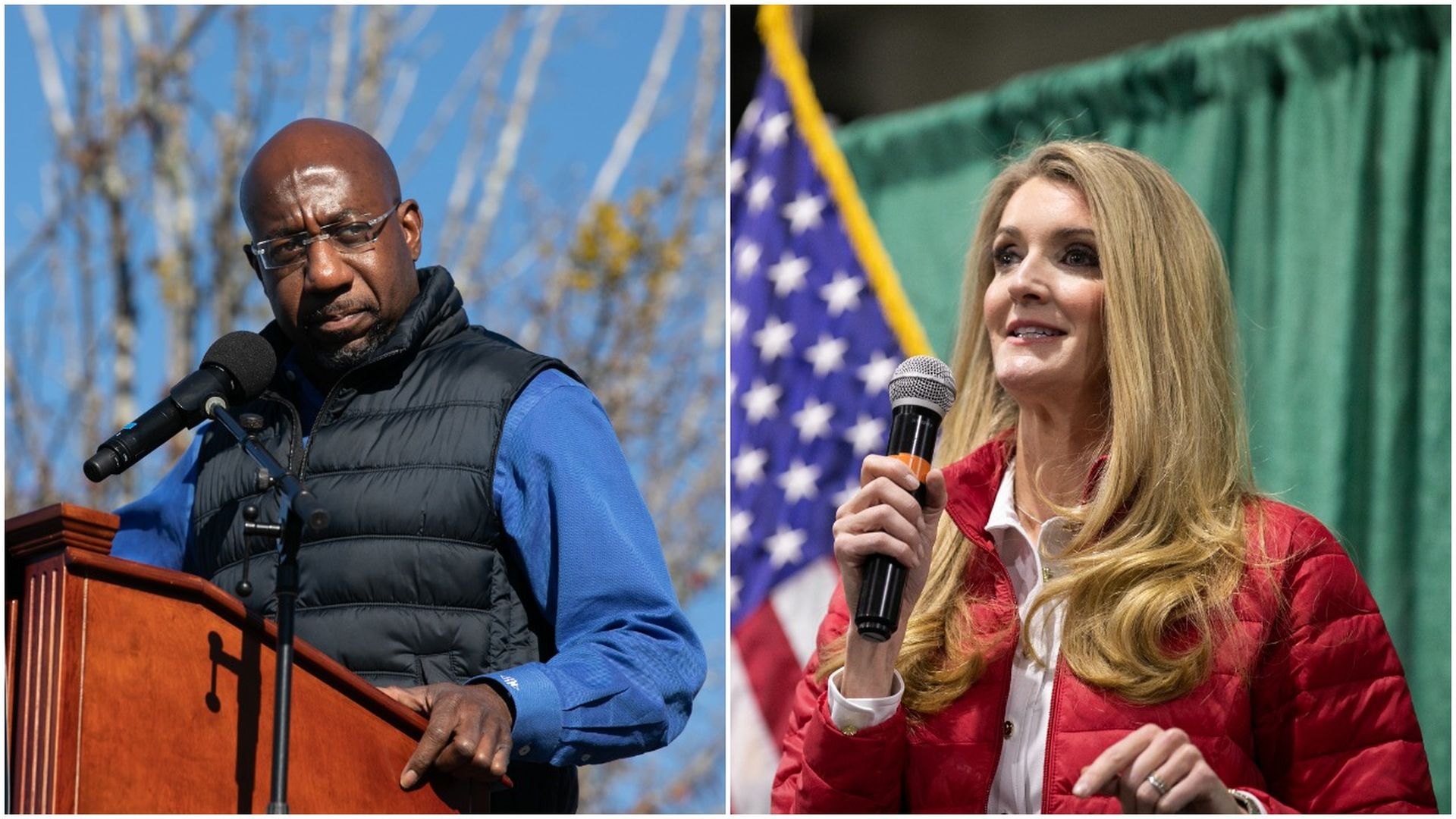 Combination images of Democratic challenger the Rev. Raphael Warnock and Sen. Kelly Loeffler