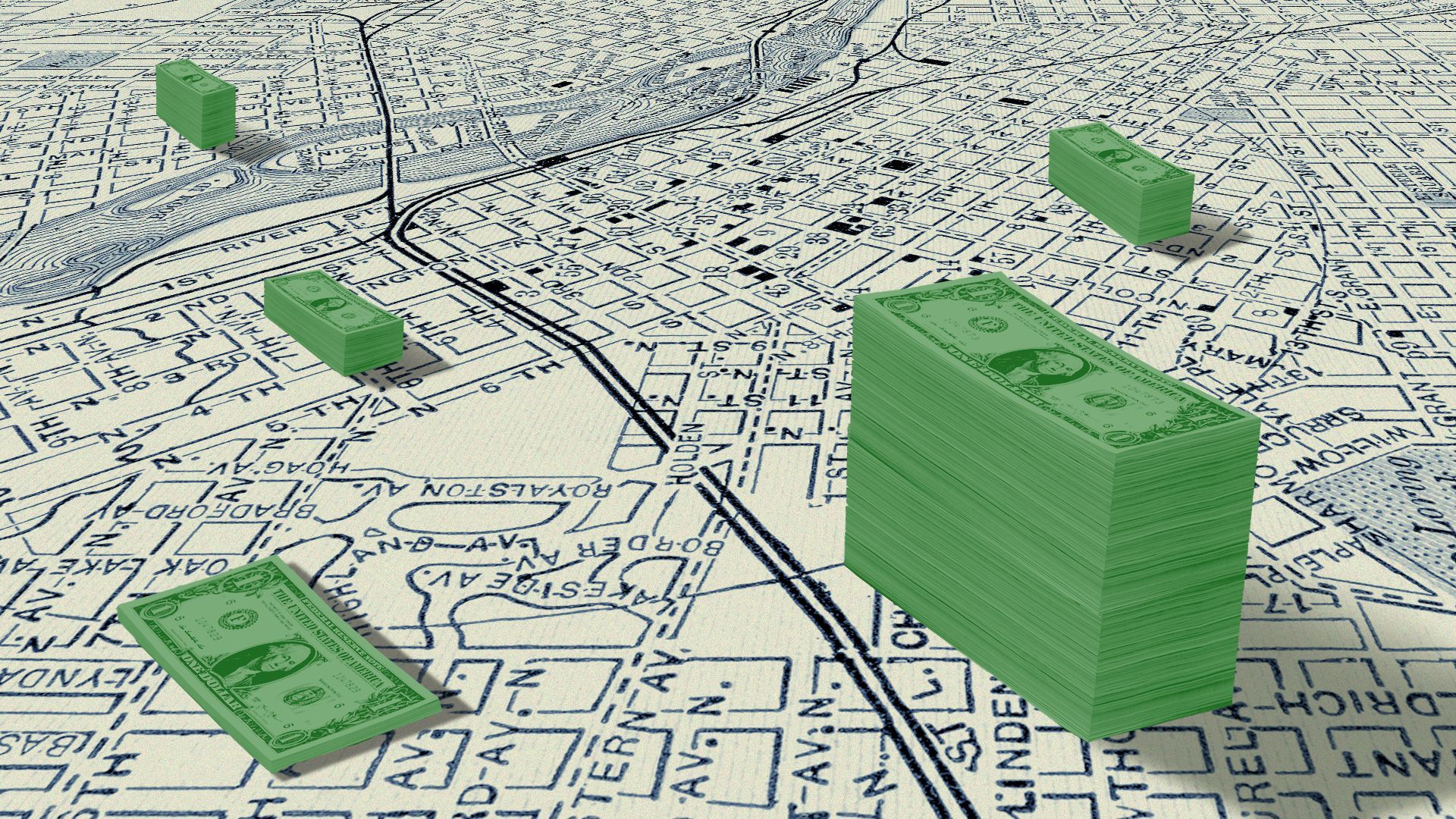 Illustration of stacks of cash of varying heights sitting on different parts of Minneapolis.