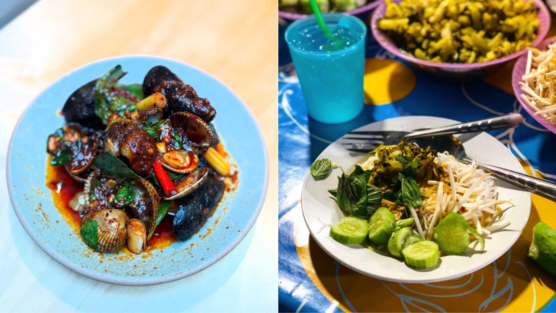 Split image: left blue plate filled with shellfish in red sauce (mussels, clams, herbs); right plate with noodles, bean sprouts, cucumber, lime, and herbs, plus a blue drink on a colorful table.