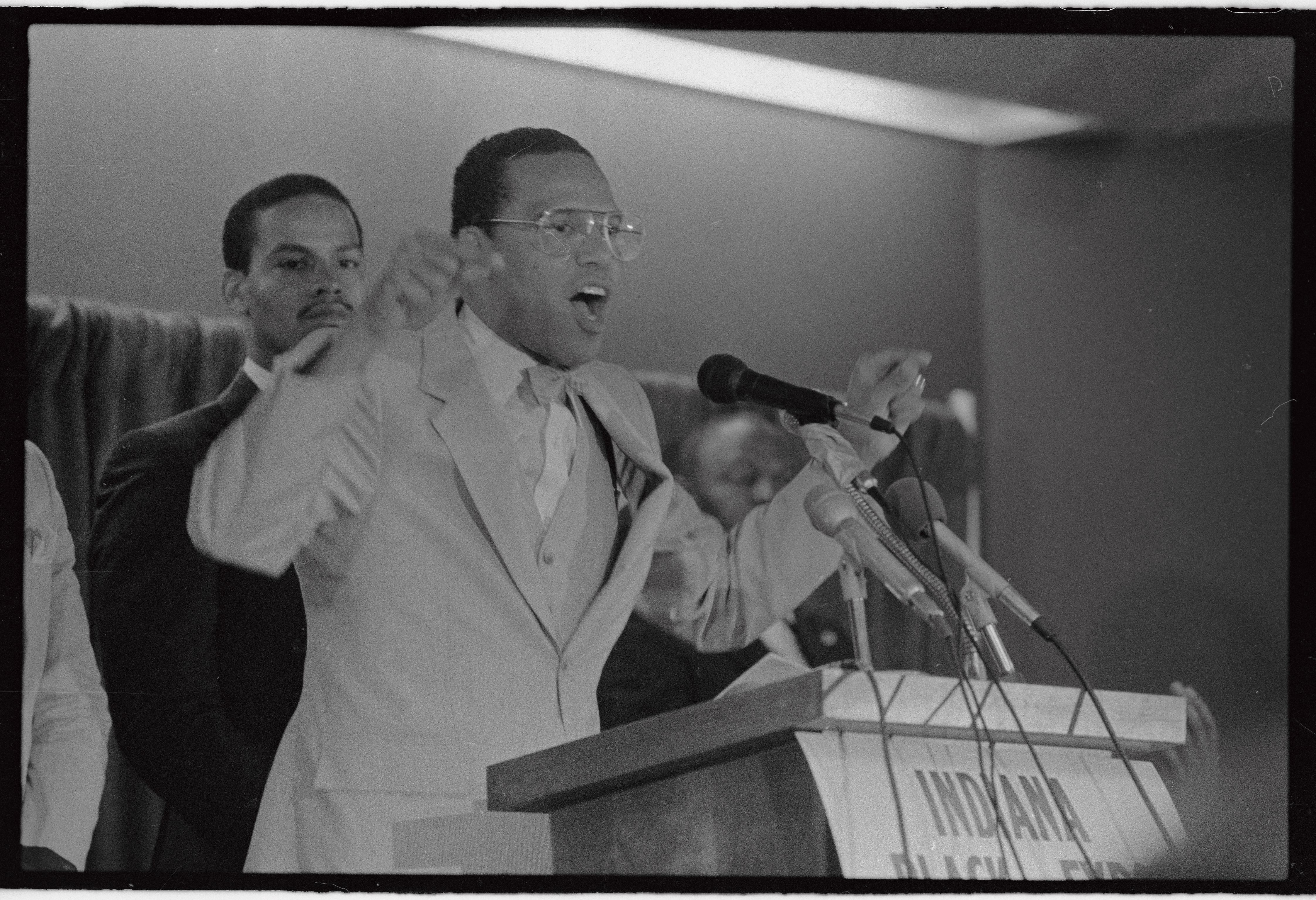 Louis Farrakhan, the leader of the Nation of Islam, speaks to a SRO crowd at the Indiana Black Expo in 1984. 