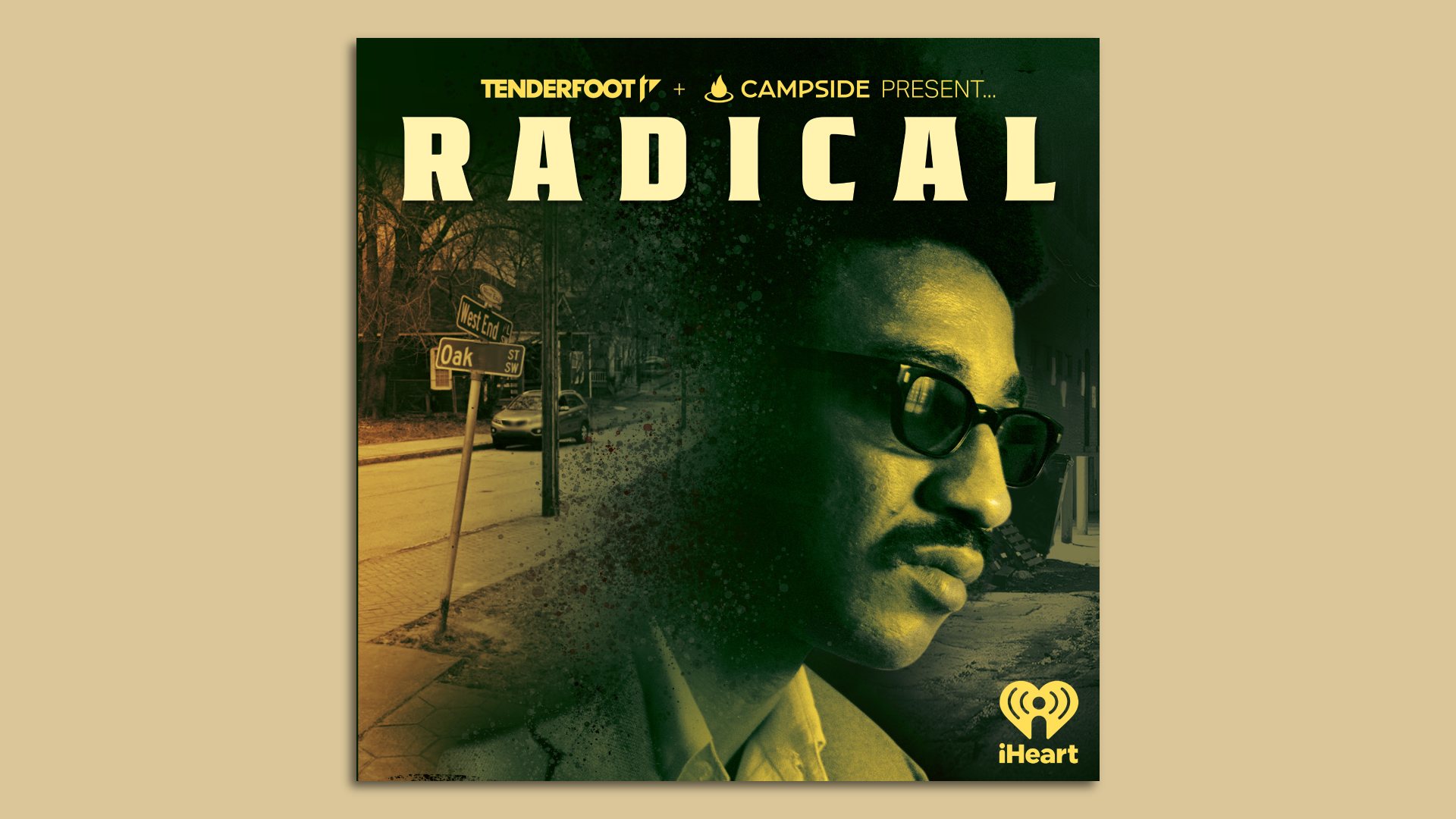 A cover image of a podcast called "Radical" featuring a profile archival photo of activist then known as H. Rap Brown and a street intersection