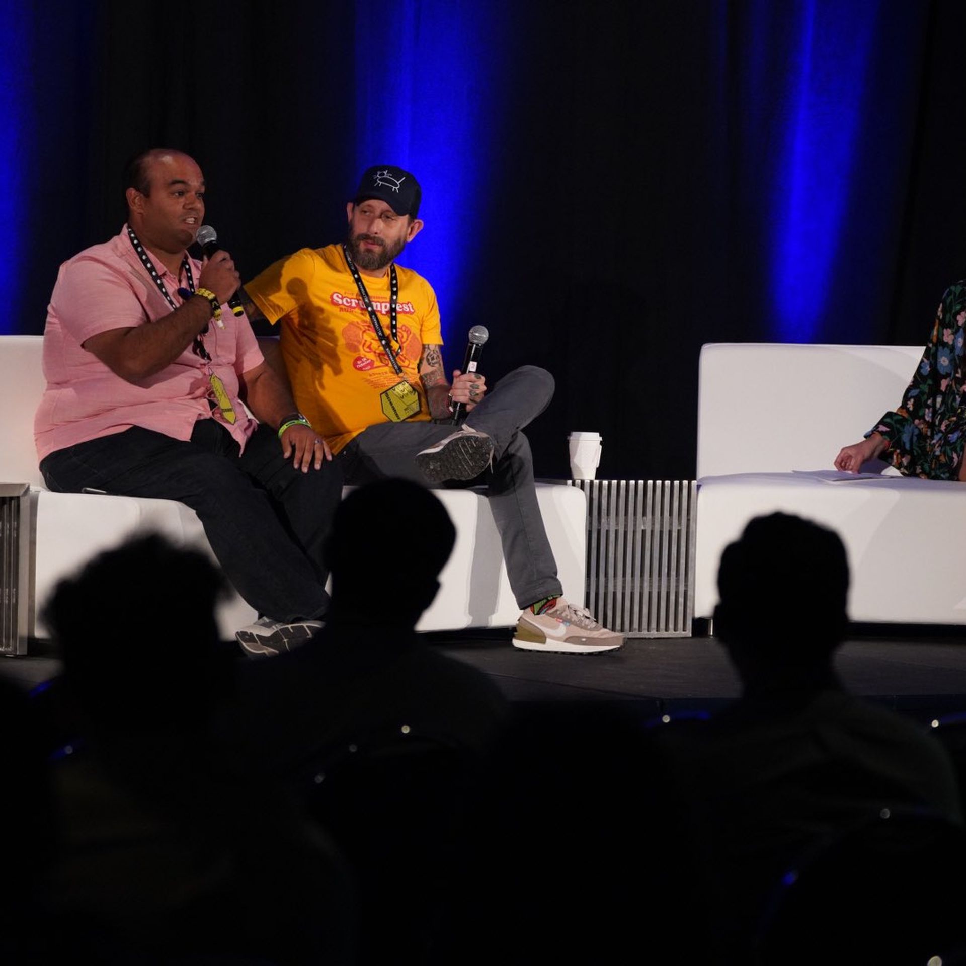 A.J. Feliciano (Head of The Roost - Rooster Teeth); Geoff Ramsey (Co-founder at Rooster Teeth); Kerry Flynn (Media Deals Reporter, Axios Pro at Axios) at VidCon 2022 on June 24, 2022.