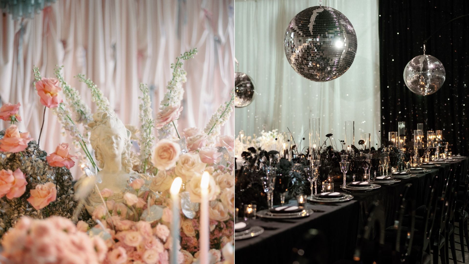 Split-image of a wedding scene: left shows pastel pink roses around a classical bust with soft pink drapes; right shows a candlelit banquet table with hanging disco balls and glassware.