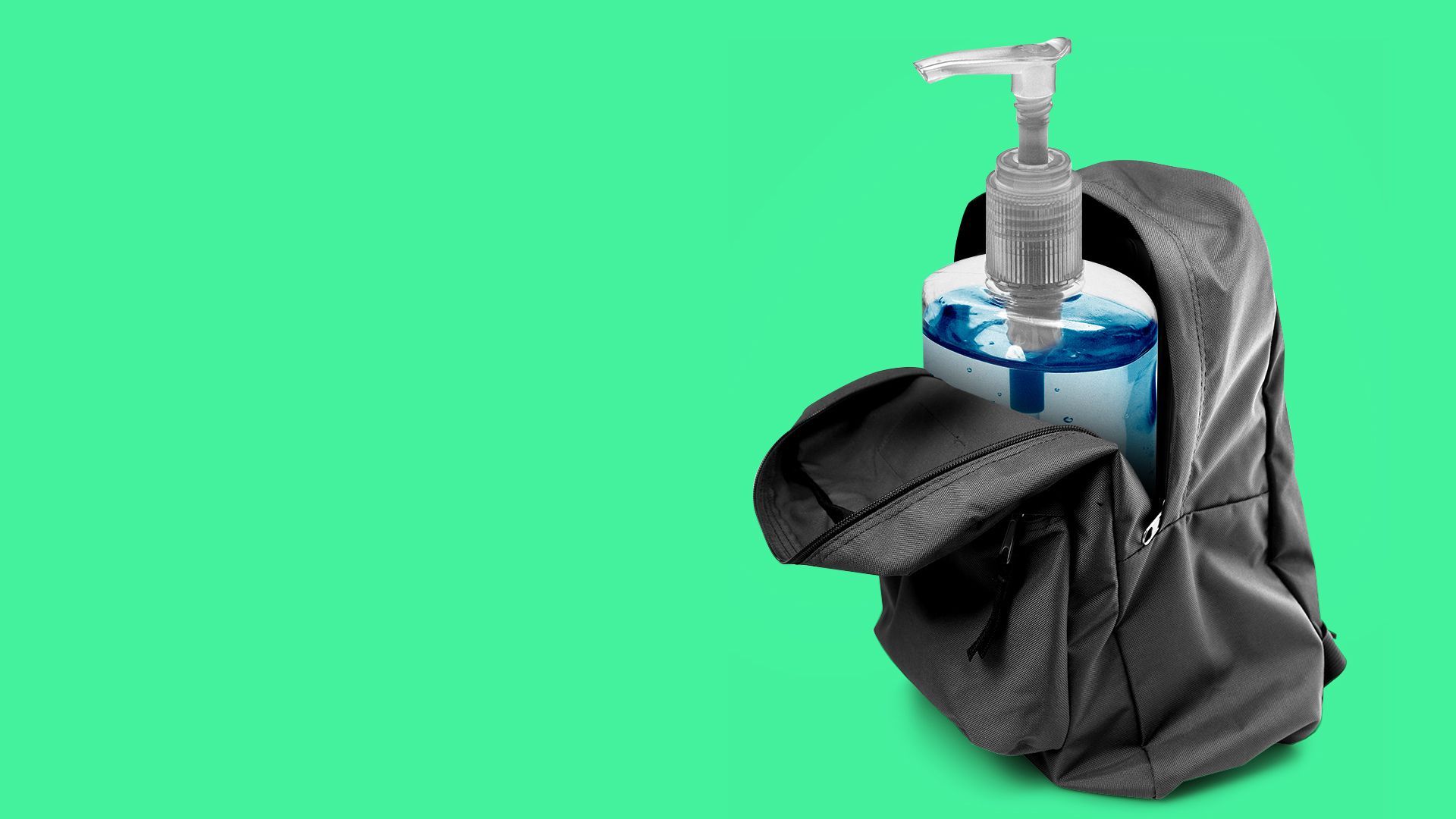 Illustration of an open backpack with a giant bottle of hand sanitizer in it.