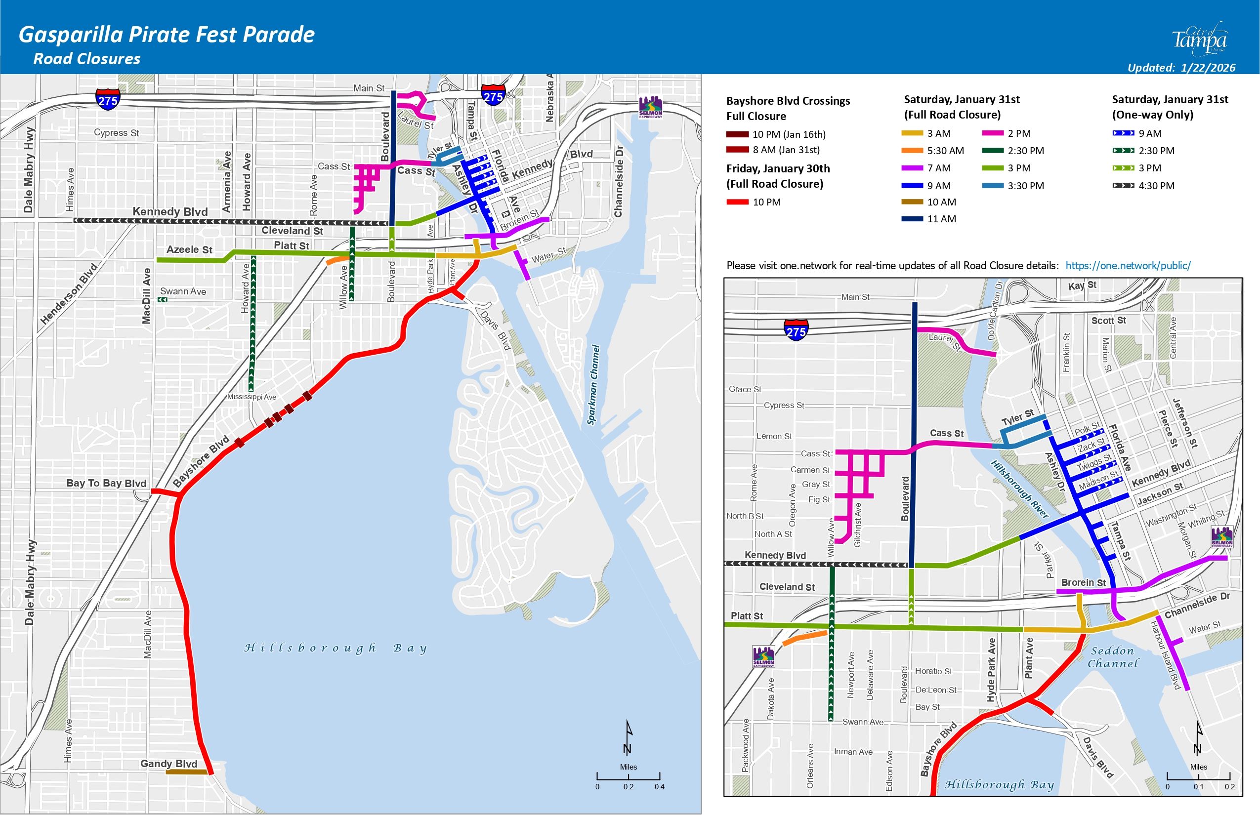 Map showing road closures and one-way streets in Tampa for Gasparilla Pirate Fest Parade on January 30-31, 2026 with colorful lines indicating full and partial closures on major roads.