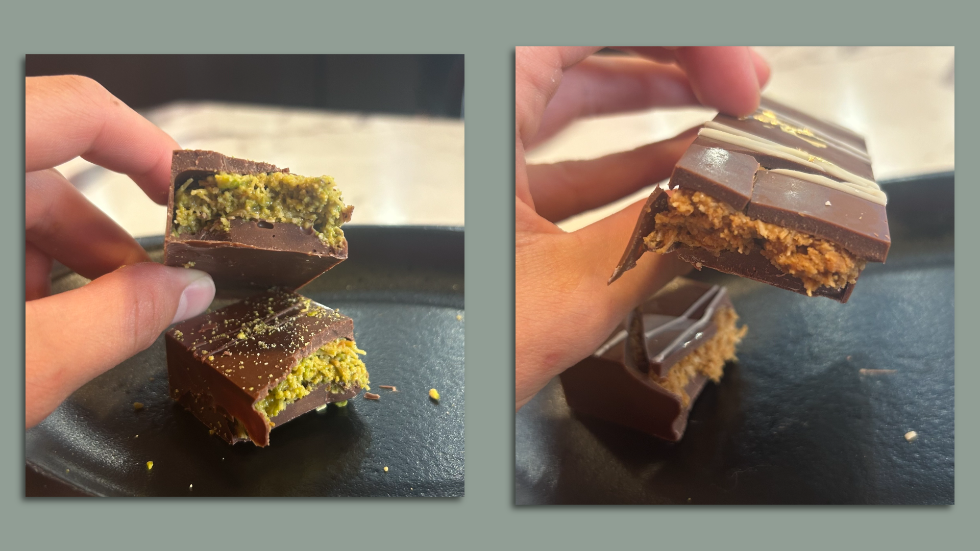The viral Dubai chocolate bar, pistachio version (left) and cookie butter (right). 