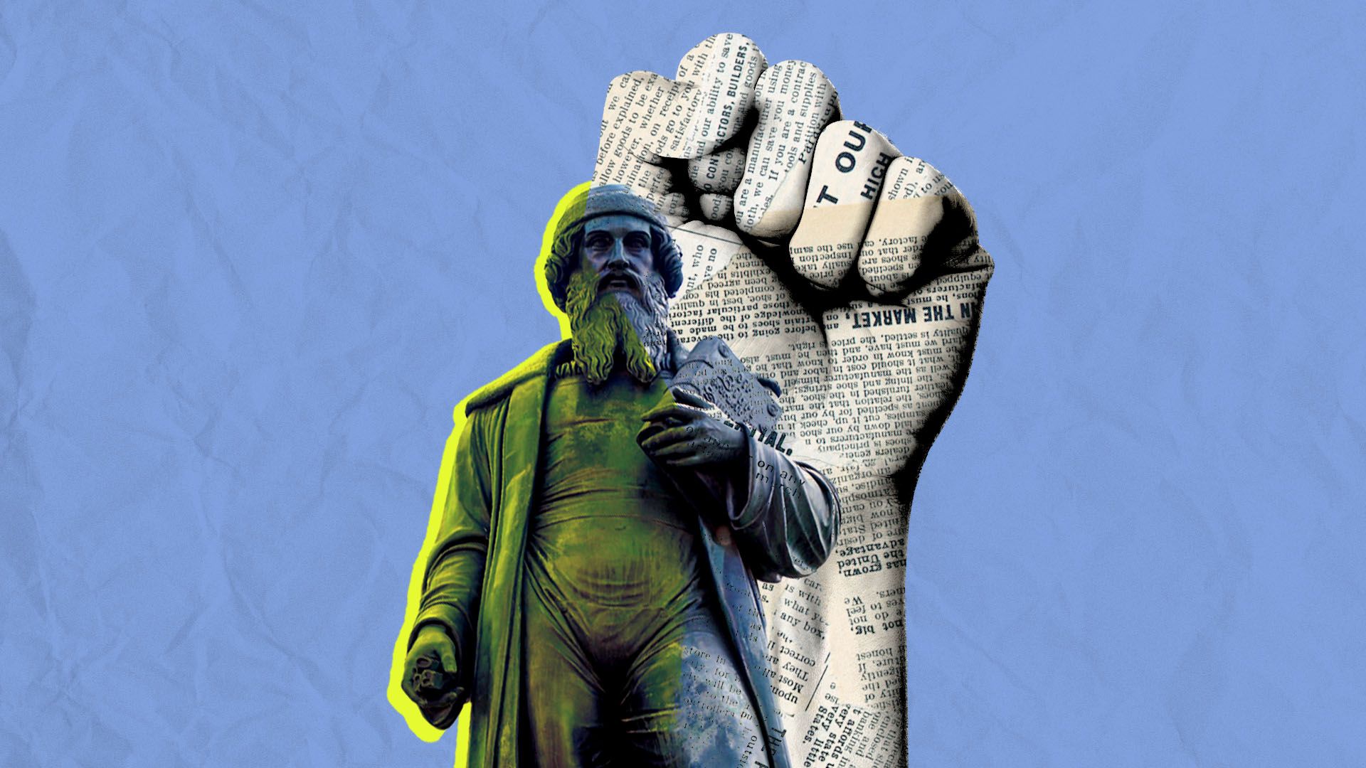 Illustration of Johannes Gutenberg statue with a raised fist behind him