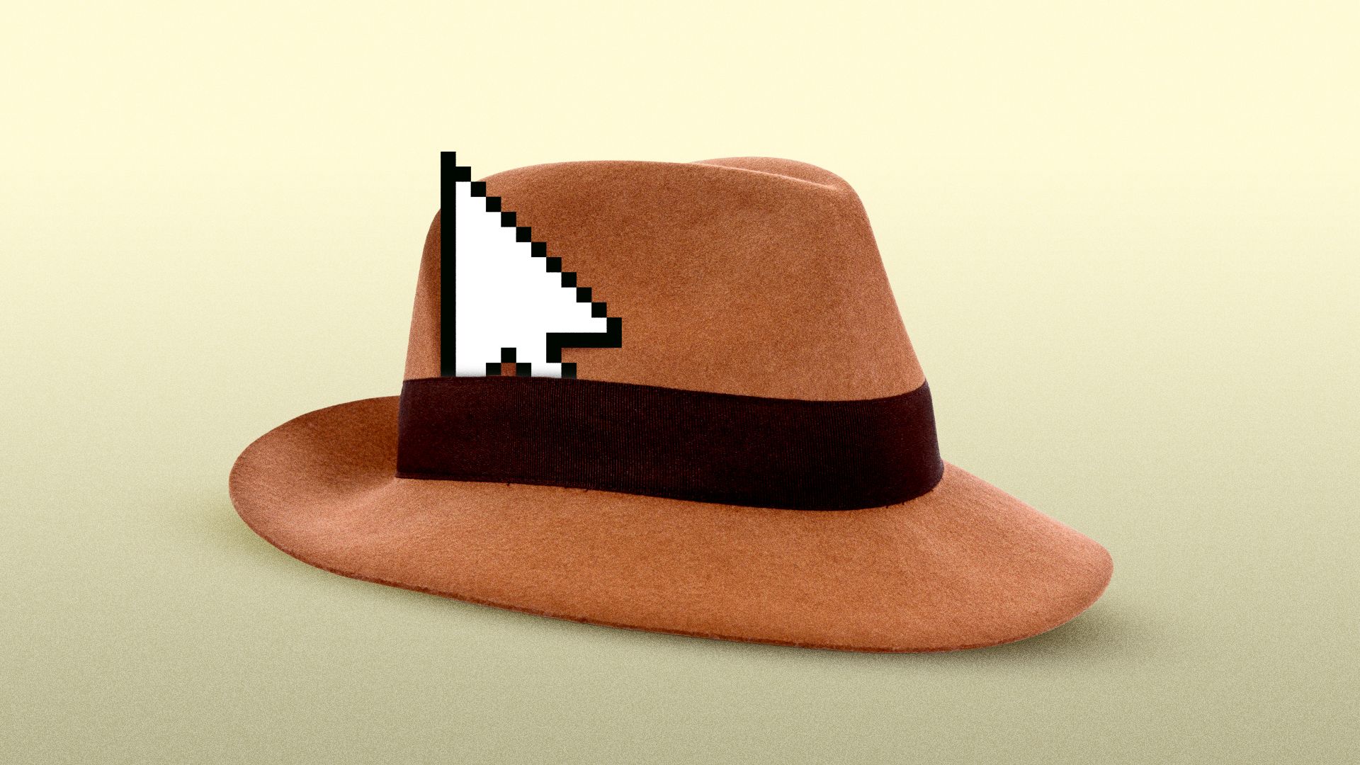 Illustration of a cursor in place of a press pass on an old-fashioned brown fedora. 