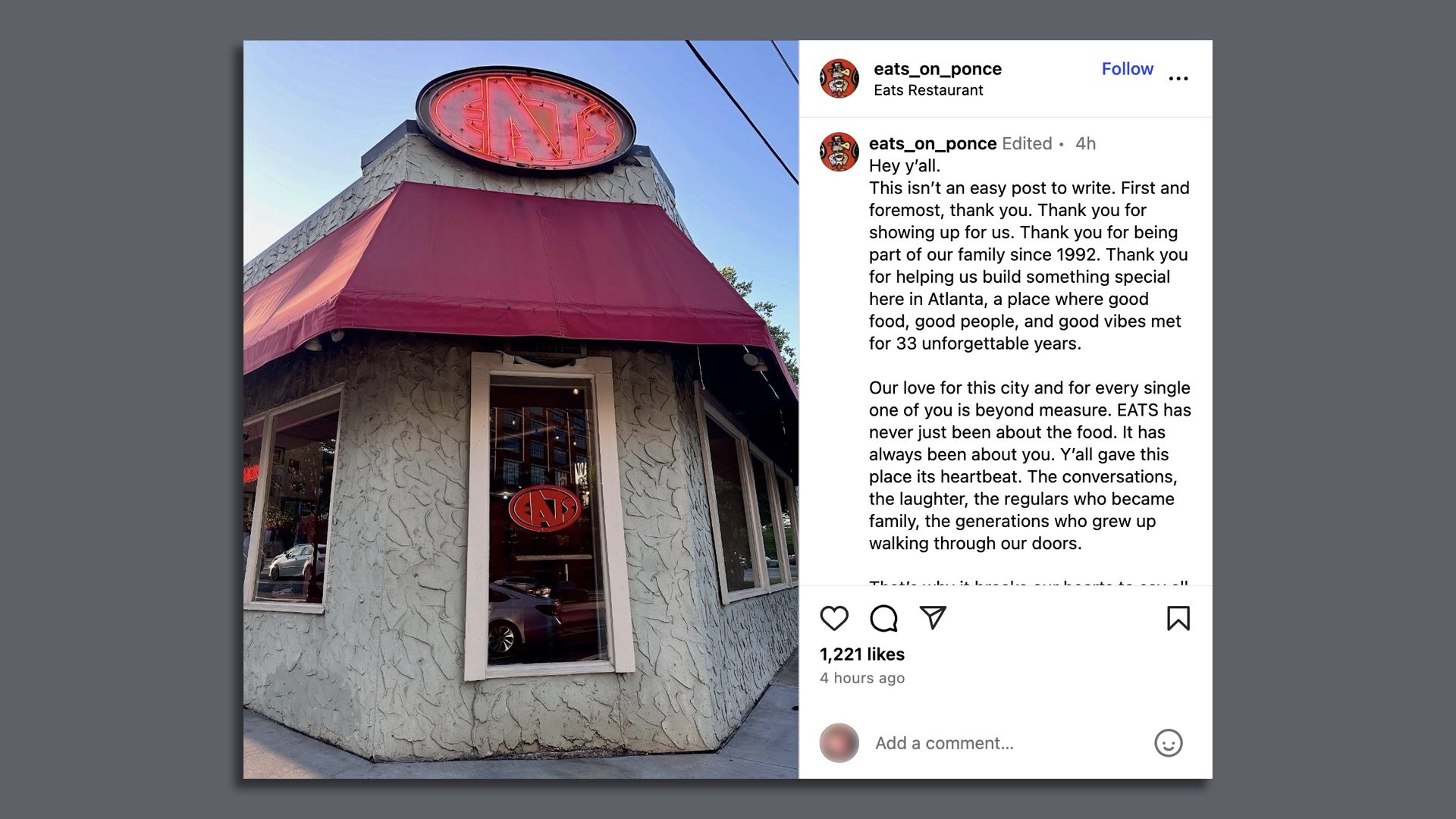 Instagram post featuring the corner view of a restaurant with textured light-colored walls, red awning, and a glowing red neon sign reading EATS above the entrance under a clear blue sky.