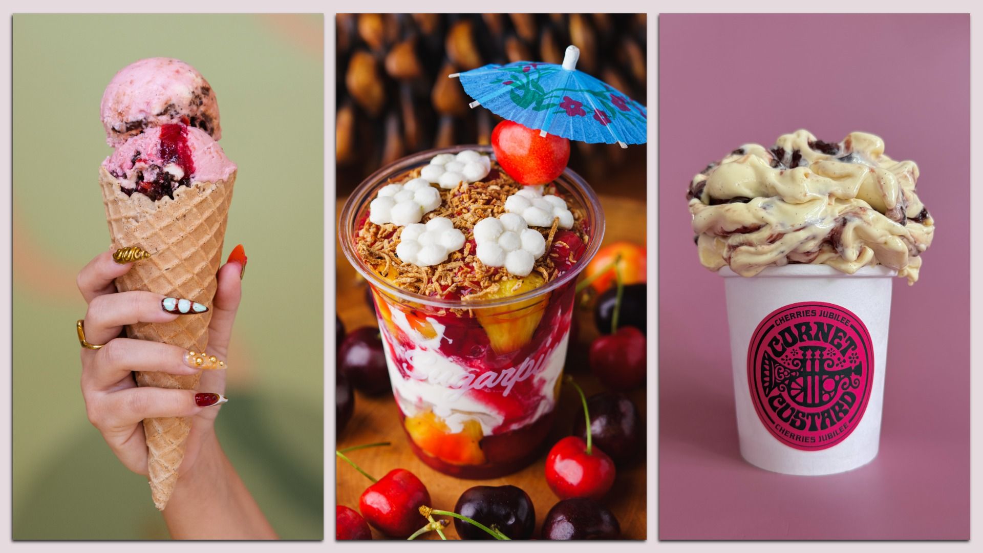 Triptych of desserts: left a hand holding a pink ice cream cone; middle a fruit parfait with marshmallows and a blue umbrella; right a swirled soft-serve cup on pink background.