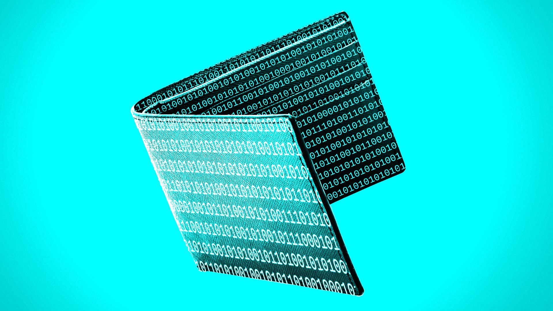 Illustration of a wallet shape filled with binary code